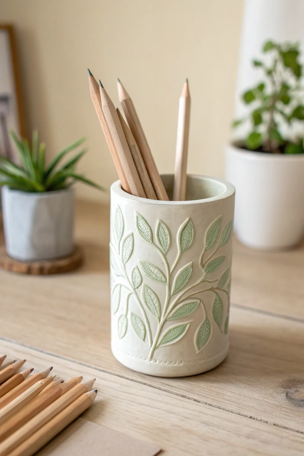 Cream clay pencil holder with sage leaf relief for a calm, nature inspired minimalist desk