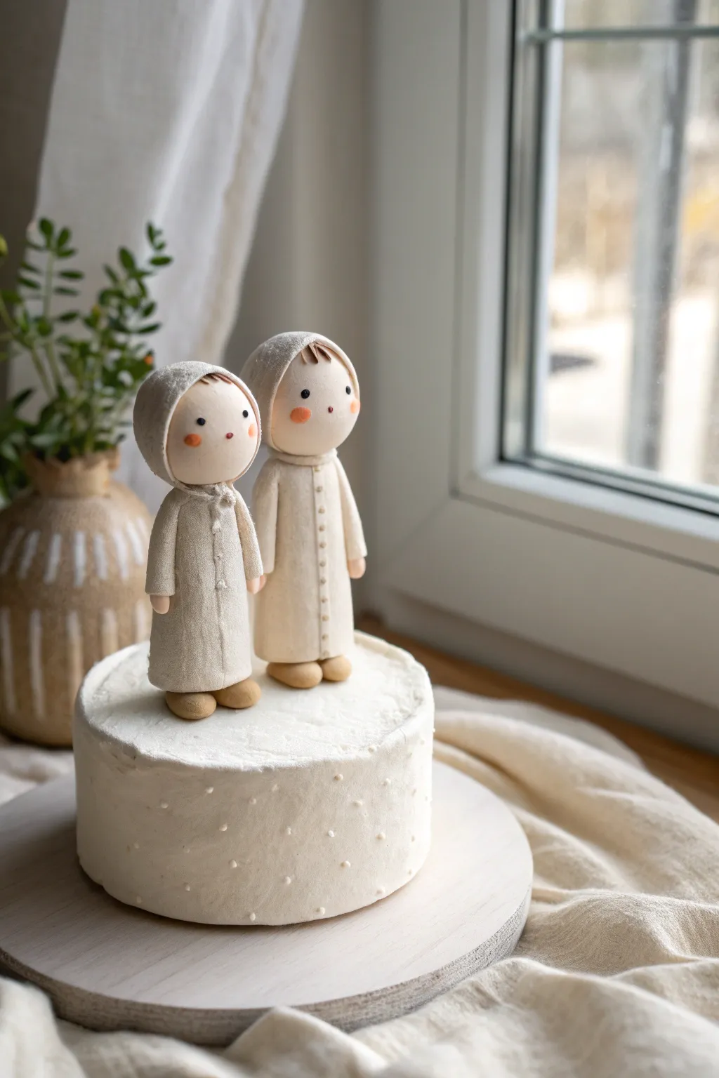 Minimal clay people cake topper duo in soft neutrals, a sweet handmade touch for any cake