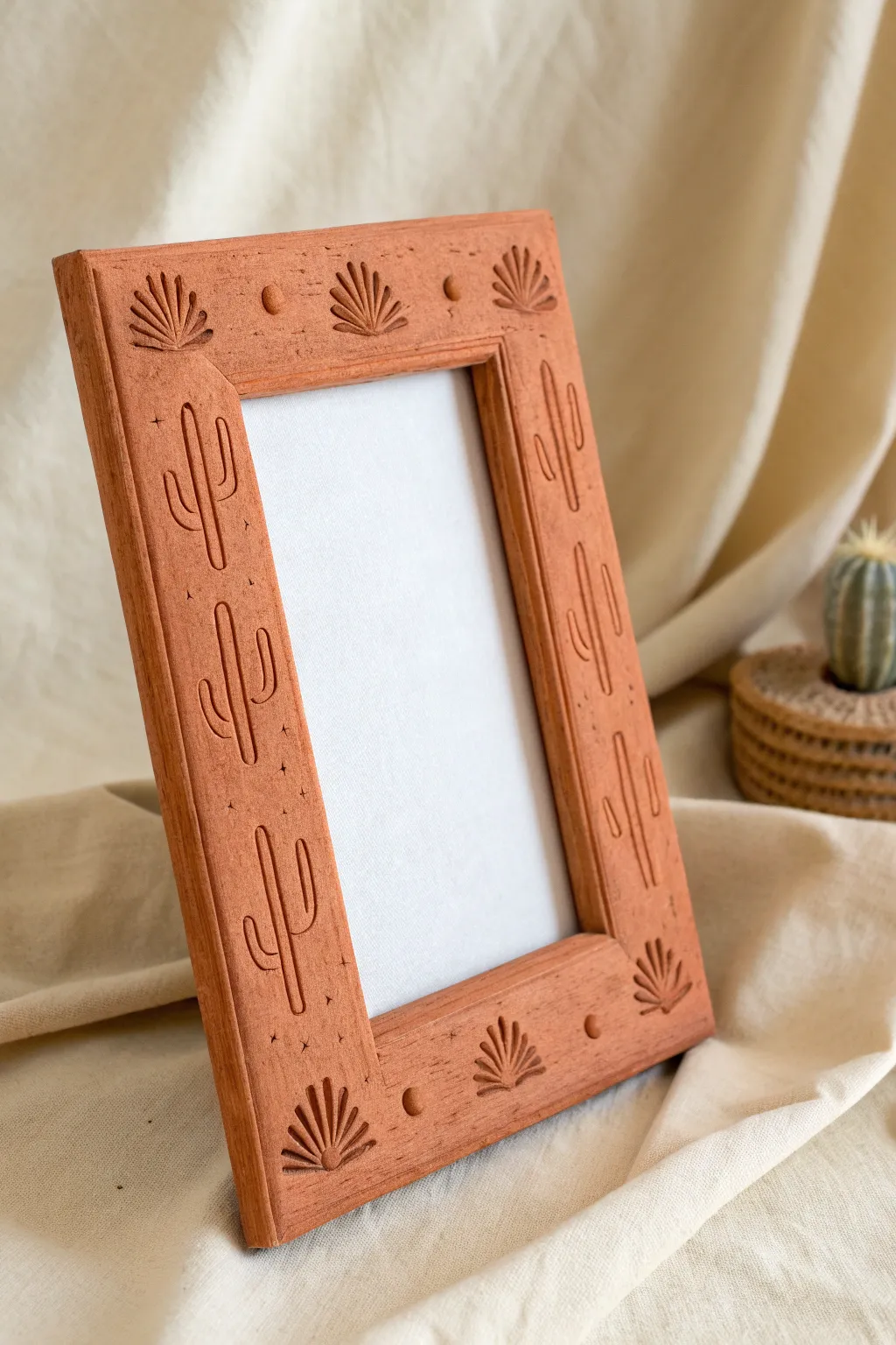 Warm clay photo frame with cute cactus border and sunburst corner, desert minimalist charm