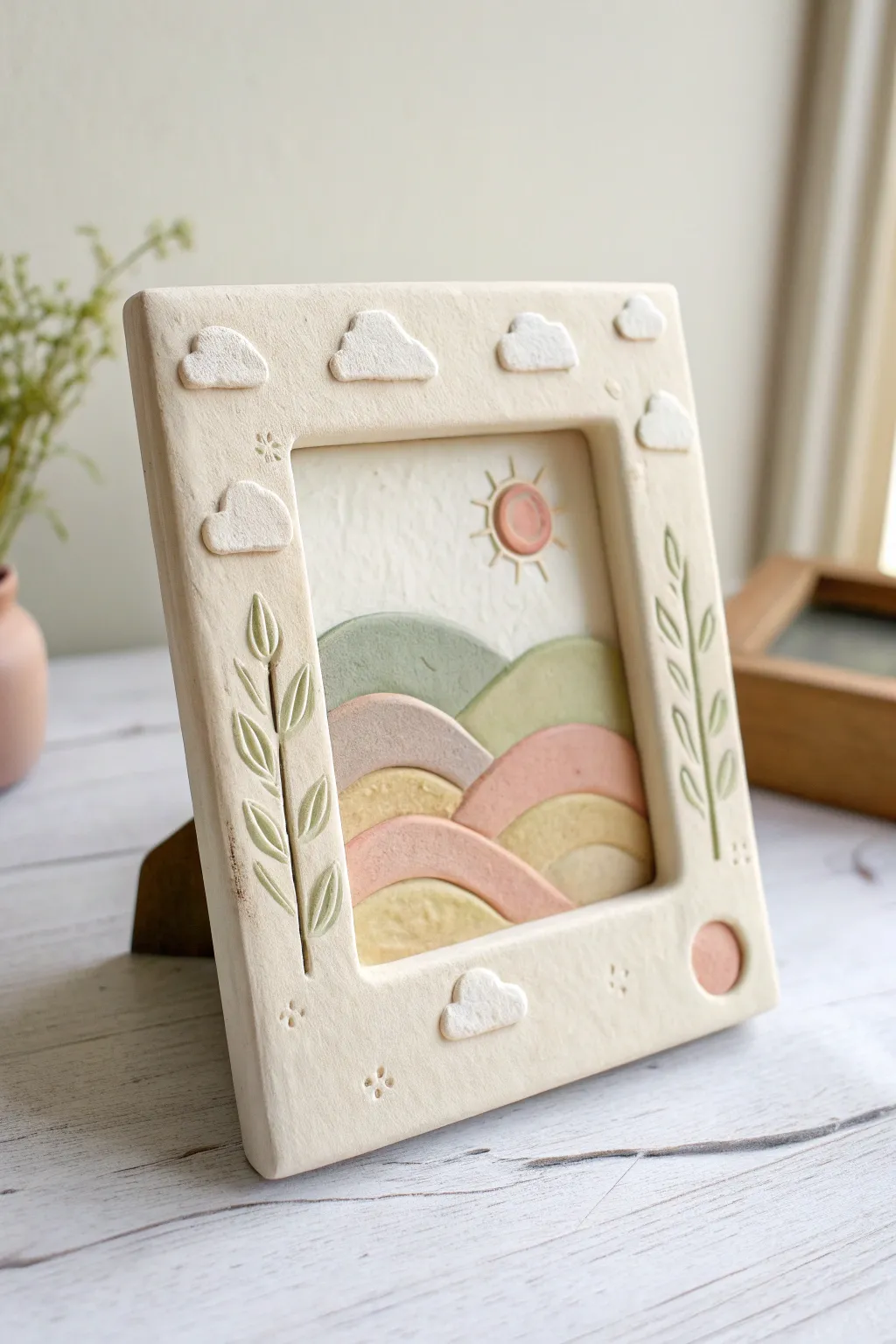 Mini relief clay frame with pastel clouds and sunrise, a sweet minimalist boho display.