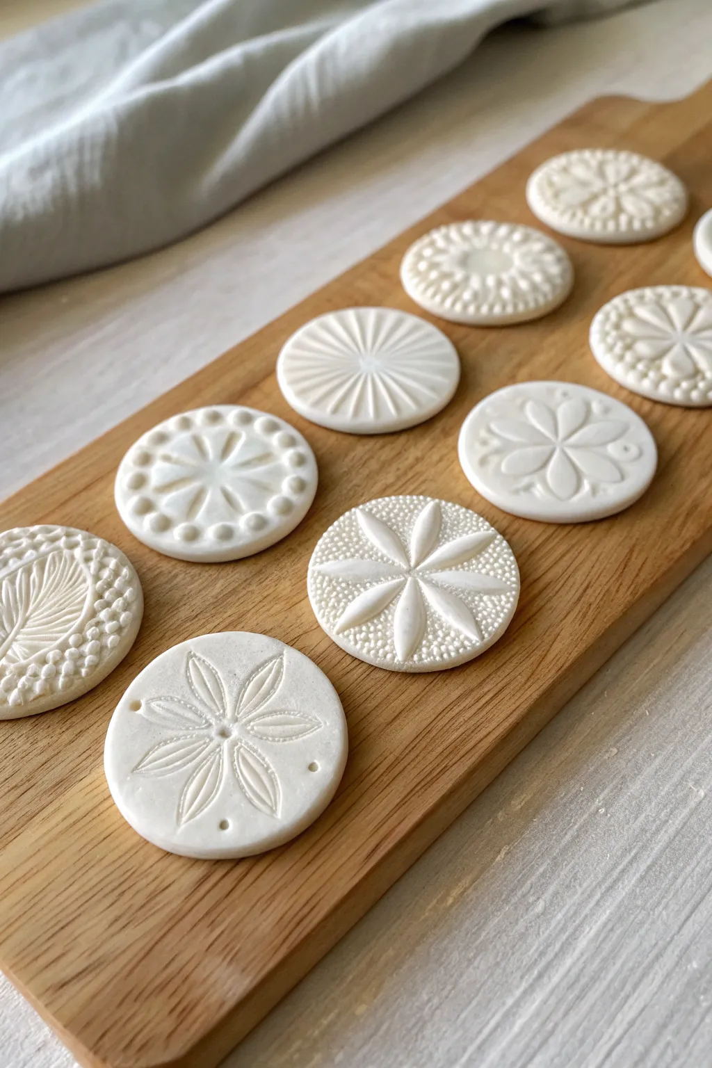 Texture-stamped clay medallions arranged as a minimalist sample set with crisp, tactile contrast
