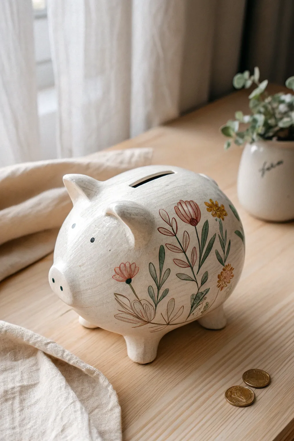 Minimal clay piggy bank with simple hand-painted florals for a soft Scandinavian boho look