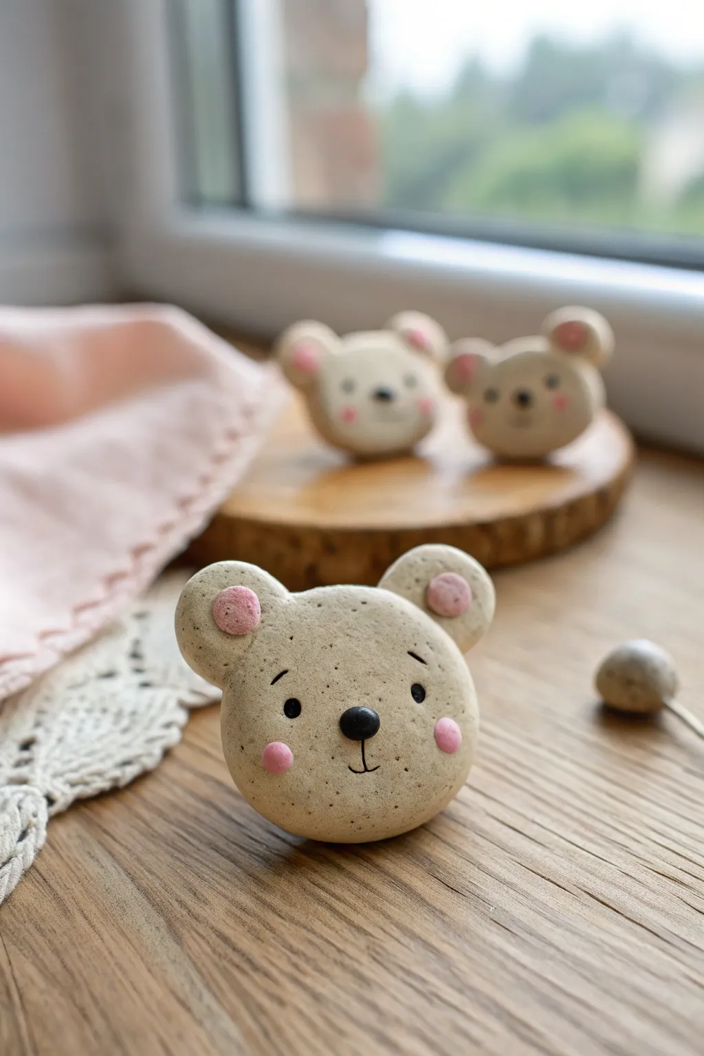 Sweet bear head pins in soft pastels and warm neutrals, minimalist and ready to wear.