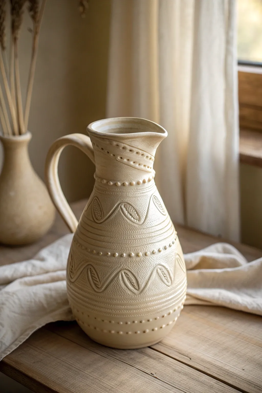 Slip trailed swirls and dots add a tactile, minimalist charm to this satin glazed clay pitcher.