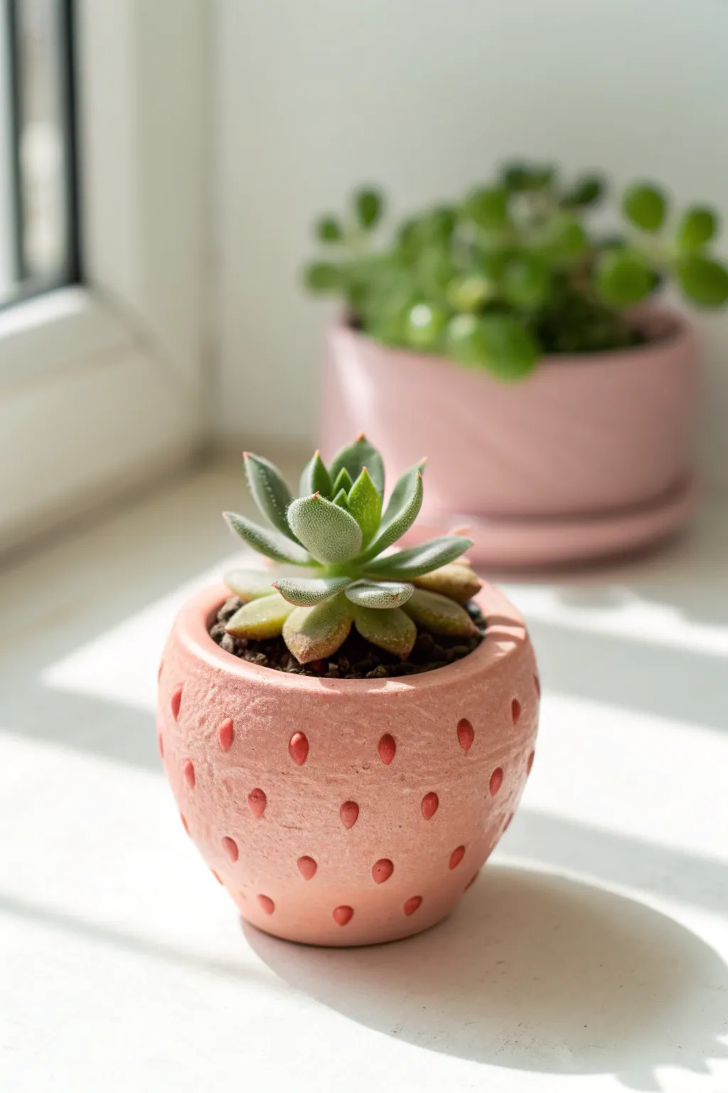 Strawberry-shaped mini pot with a tiny clay succulent for a sweet, minimal plant moment.
