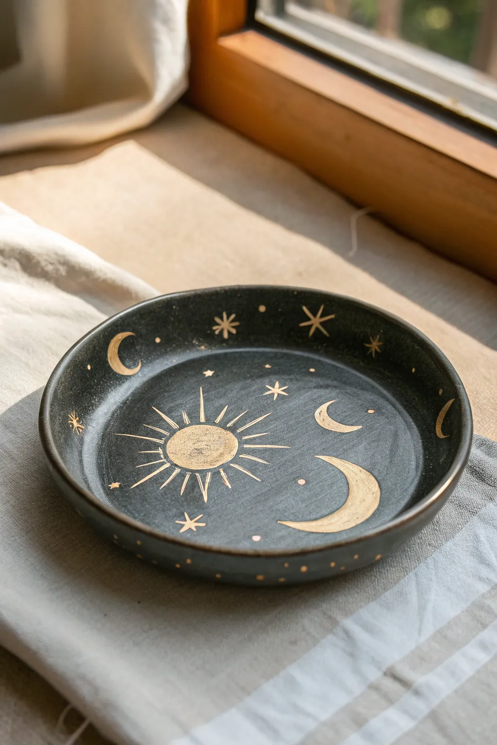Minimal celestial trinket plate with sun, moon, and tiny stars on a deep charcoal glaze