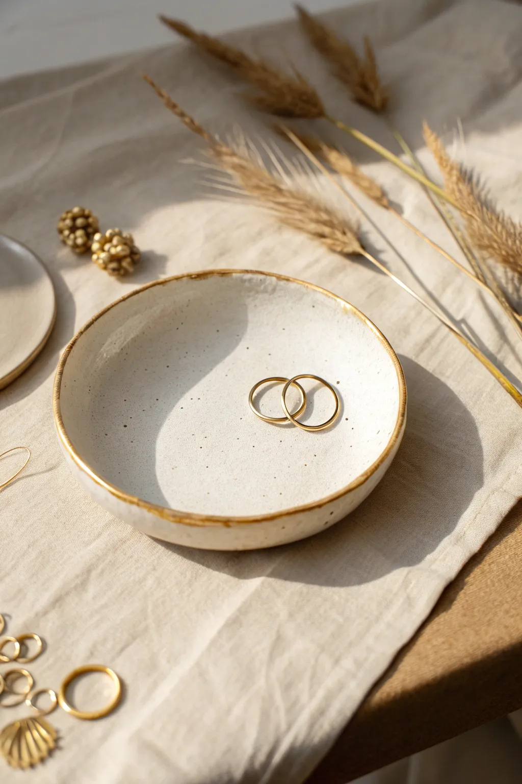 Minimal clay plate with a delicate metallic rim, styled with jewelry for a chic giftable look.
