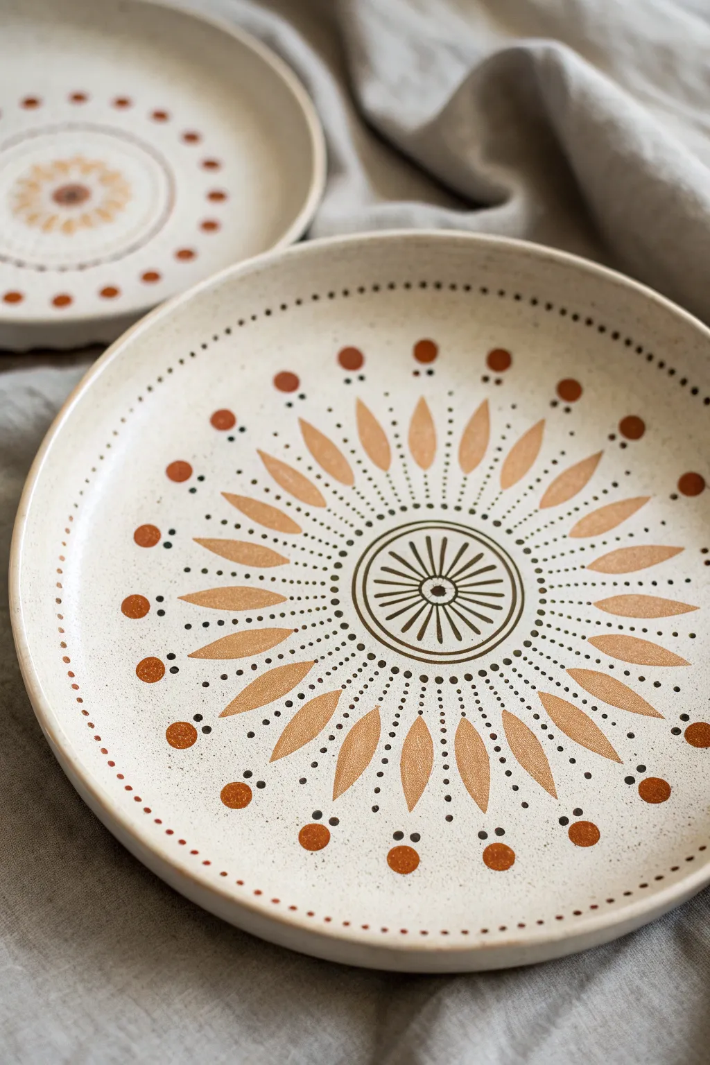 Dot mandala sunburst plate in soft terracotta tones, minimalist and calming for any table