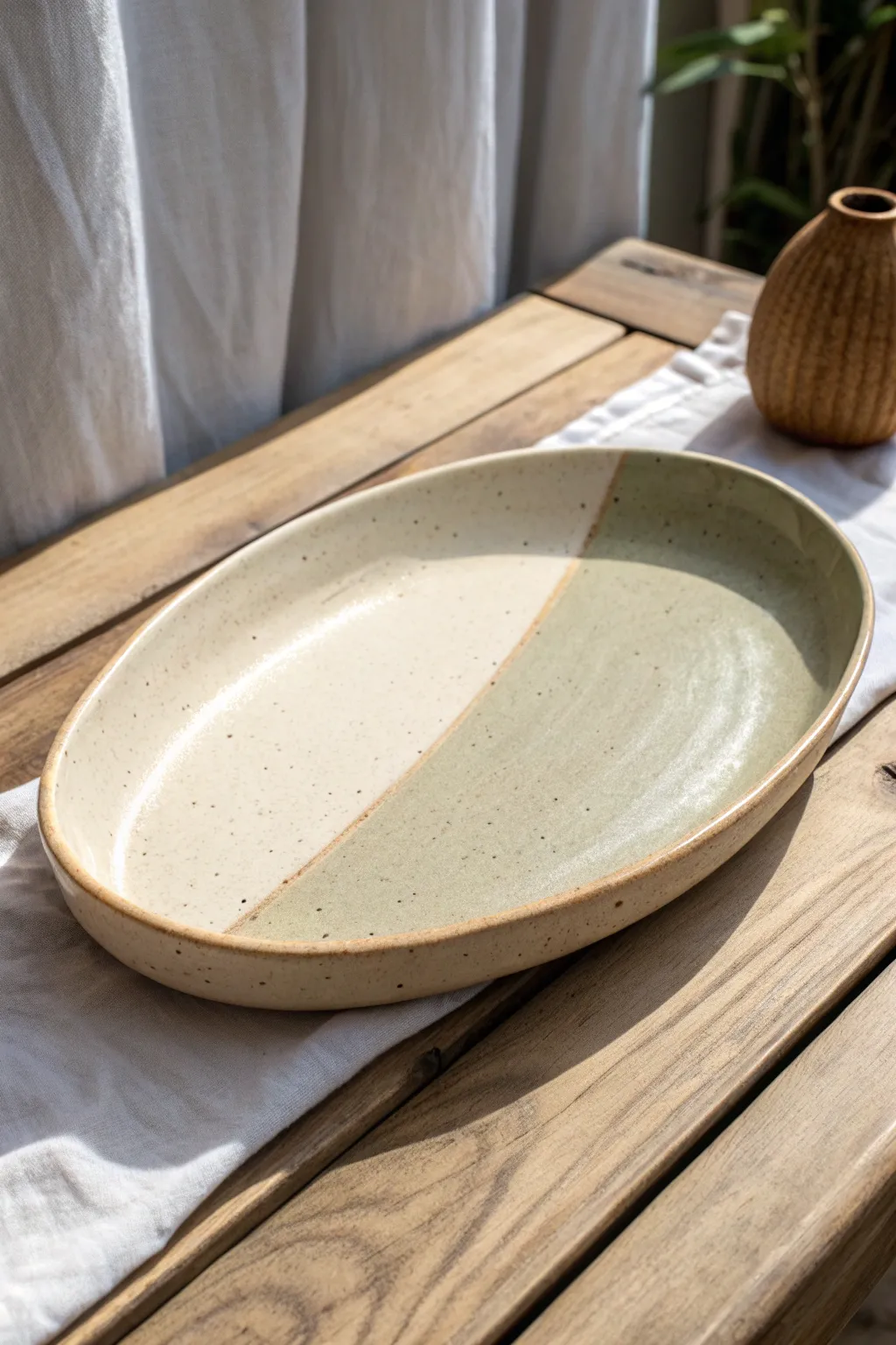 Minimal two-tone dipped glaze platter with crisp line, perfect for modern clay décor.