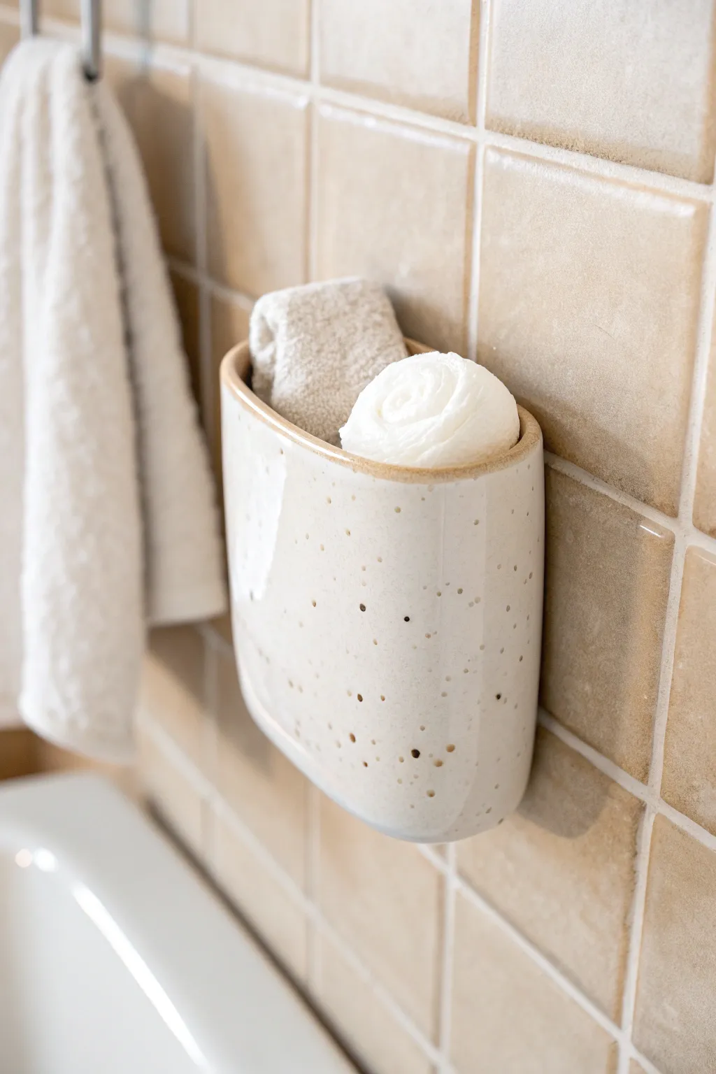 Glossy ceramic bathroom pocket holding cotton rounds, minimalist and serene with handcrafted charm.