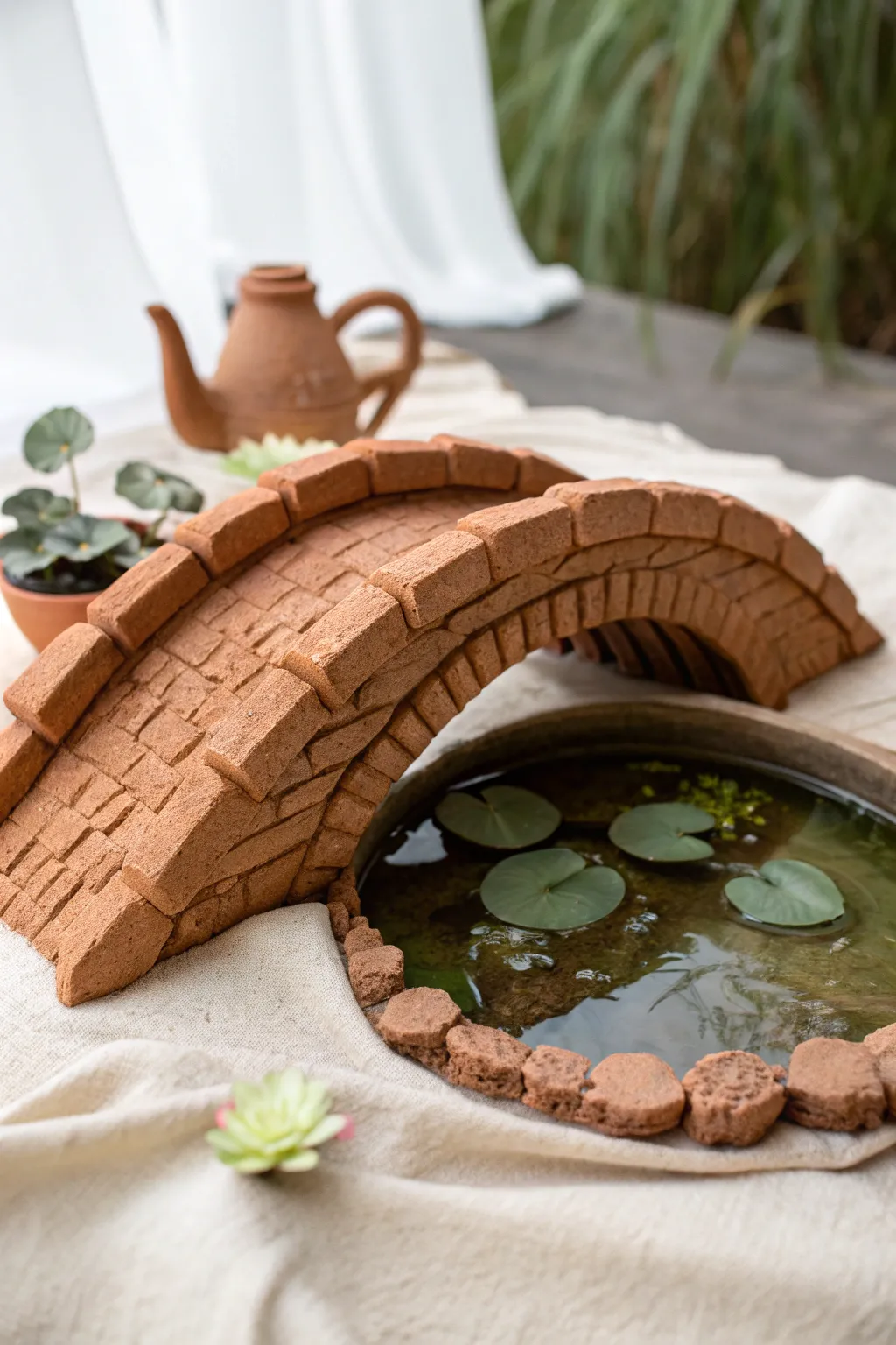 Mini arched clay bridge over a tiny pond with lily pads, simple, sturdy, serene.