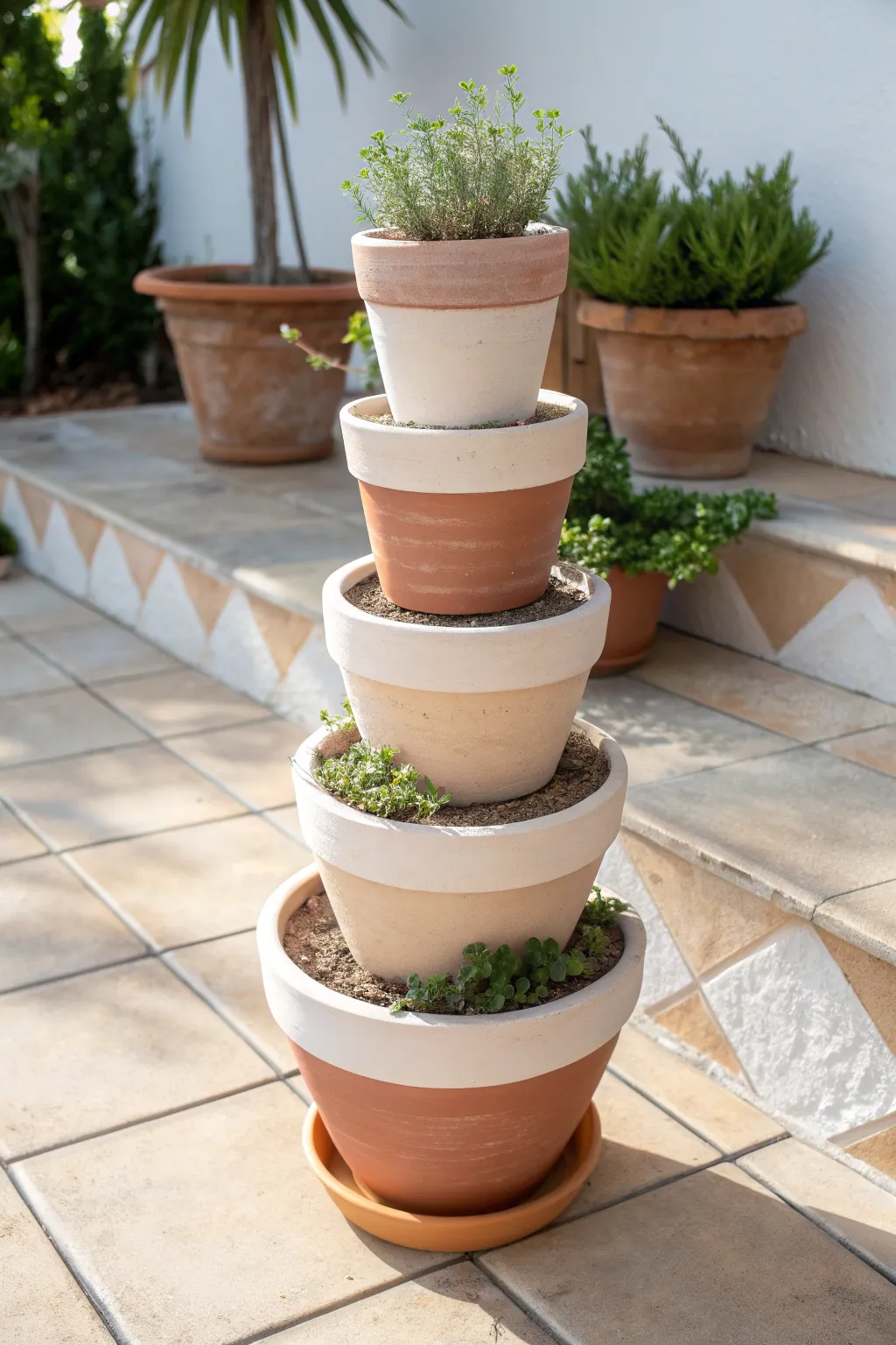 Stacked tiered clay pot planter sculpture in soft neutrals with trailing greenery, minimal and boho