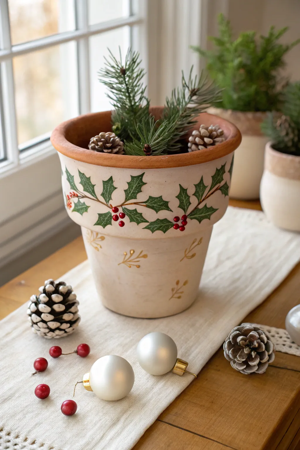 Minimal holly painted clay pot filled with pinecones for a cozy Scandinavian Christmas table