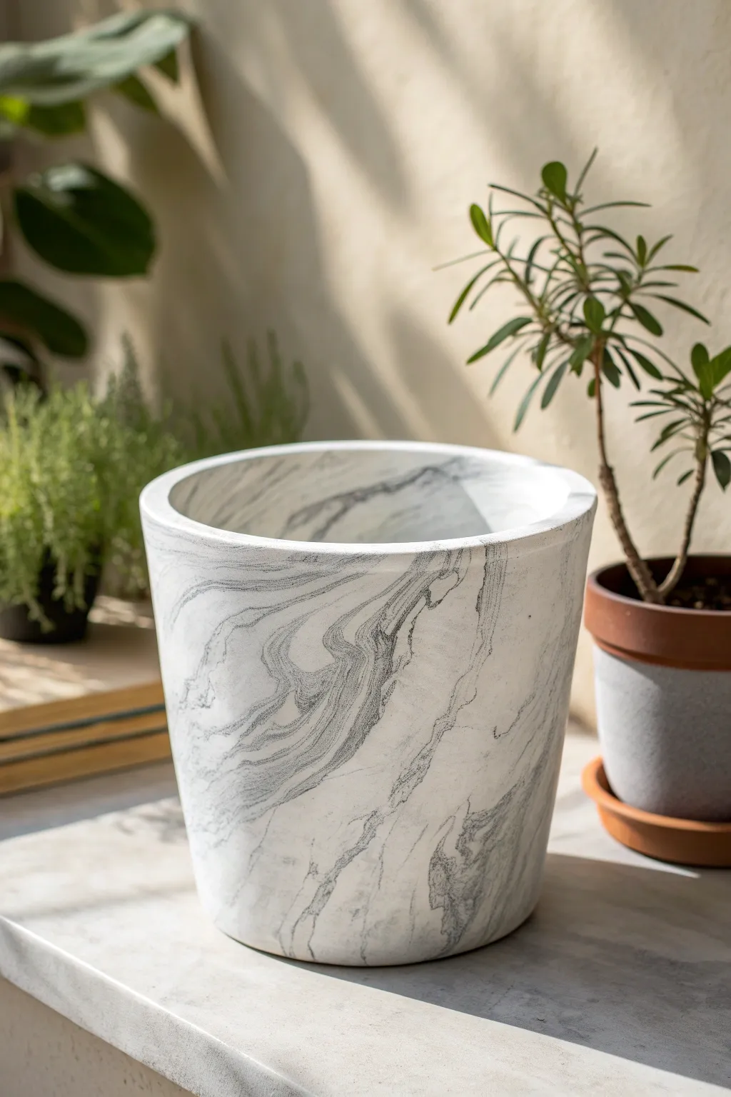 Marbled stone clay pot color idea with soft gray veining for a calm minimalist vibe.