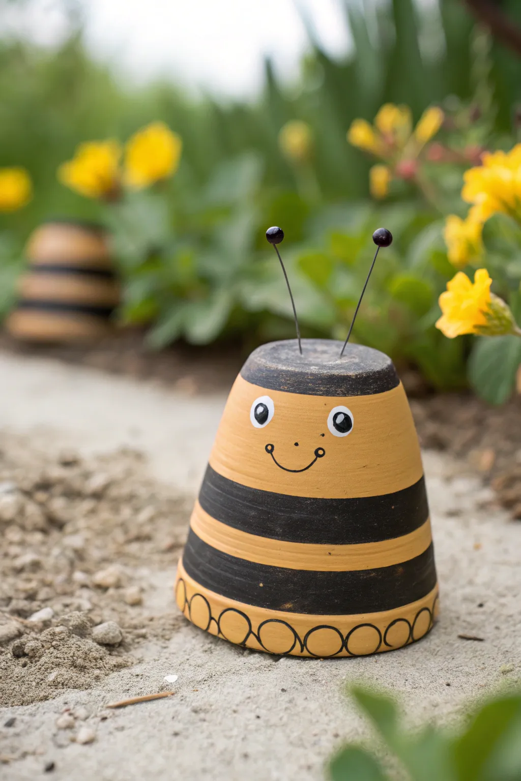 Bumblebee clay pot critter brings handmade sweetness and sunny color to your garden.