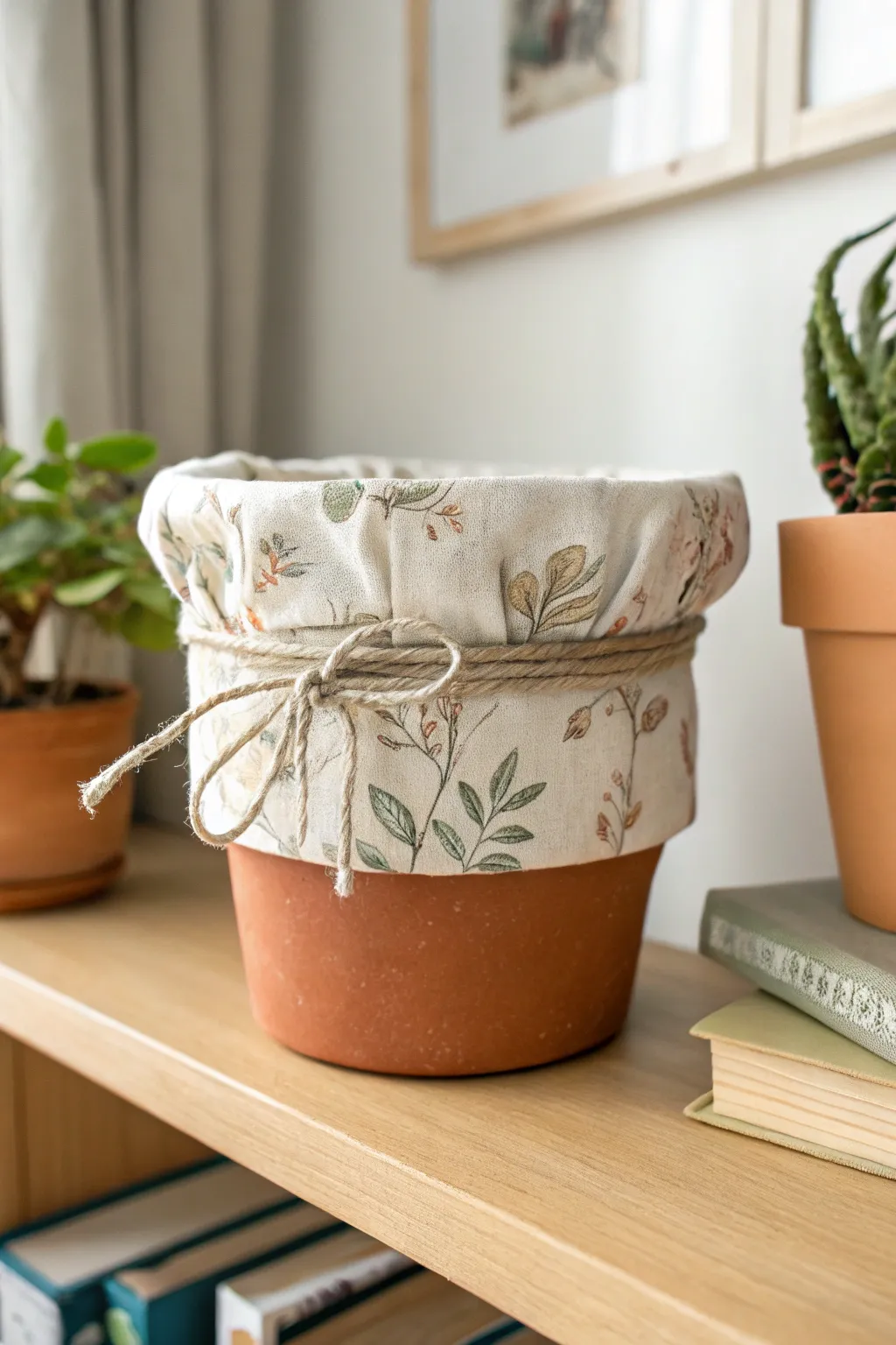 Cozy fabric-wrapped clay pot with a soft floral linen band for simple boho texture