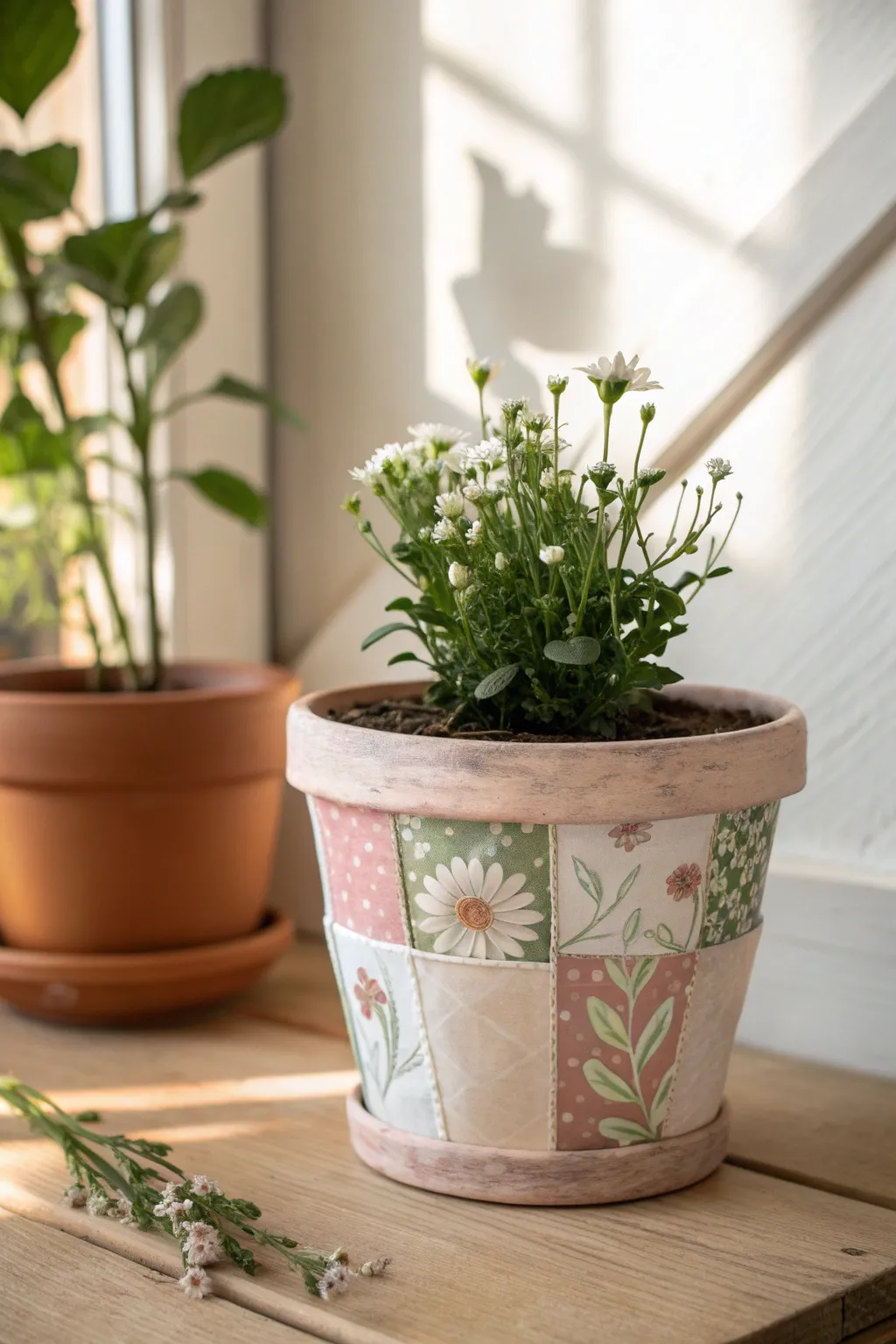 Terracotta charm: easy napkin decoupage florals for a soft, cottage style pot in minutes