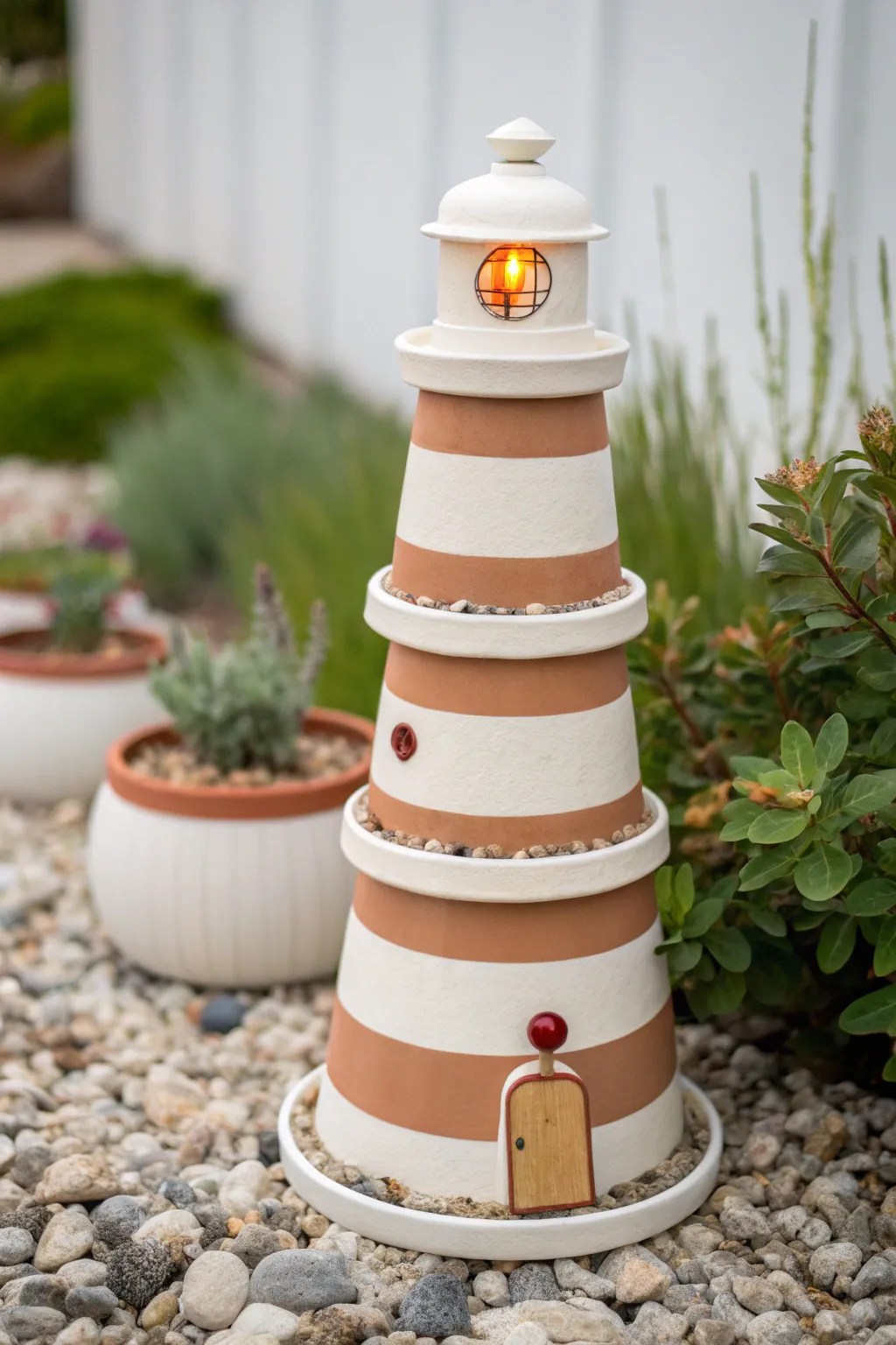 Minimalist stacked clay pot lighthouse sculpture that brings simple coastal charm to any garden