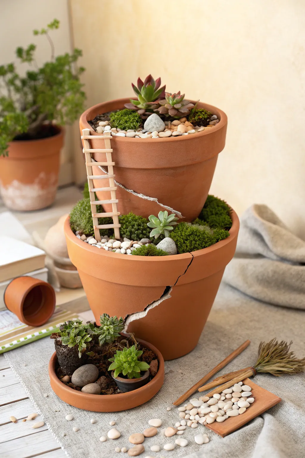 Broken terracotta pot turned into a simple fairy garden terrace with moss and tiny succulents