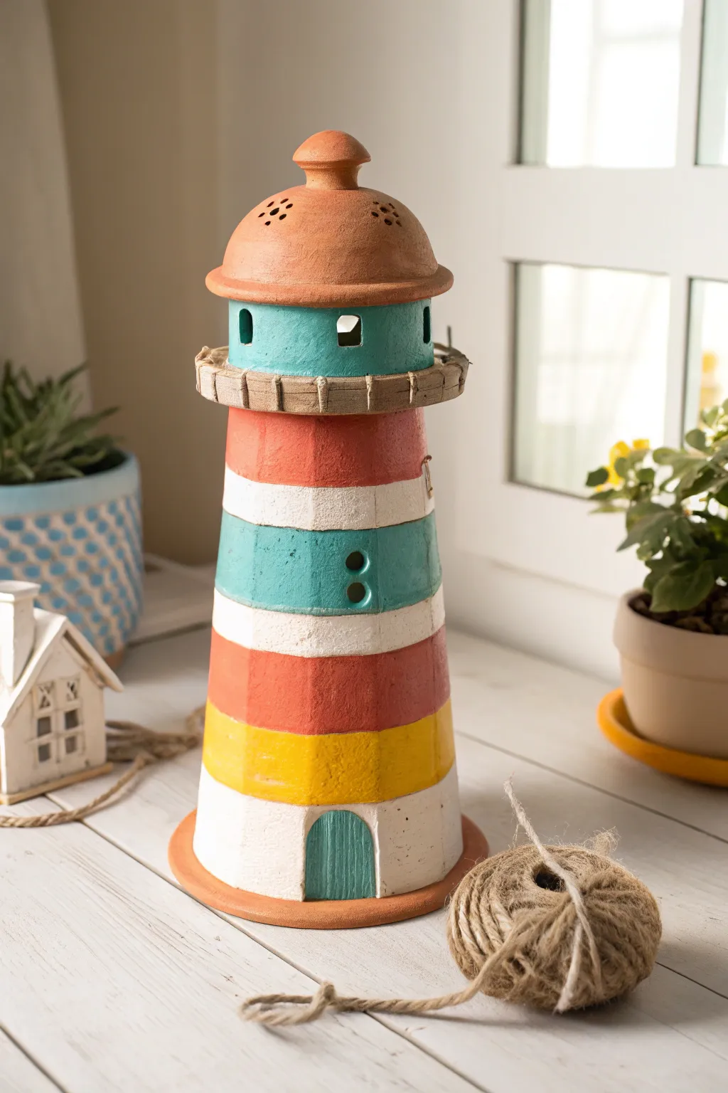 Bright retro clay pot lighthouse in teal, coral, and sunny yellow for playful coastal decor