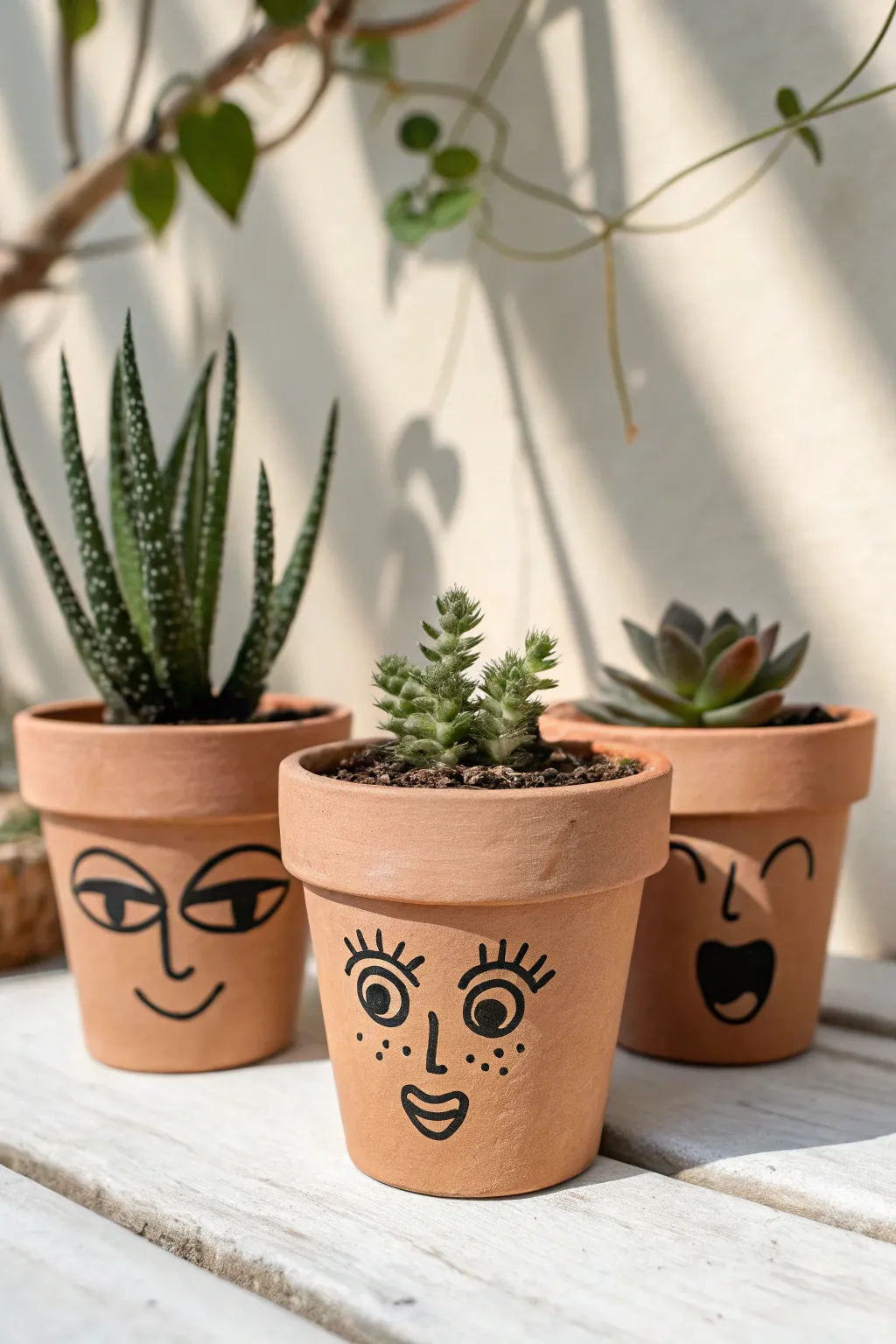 Three cute face-painted clay pots with smile, wink, and surprise for easy character charm