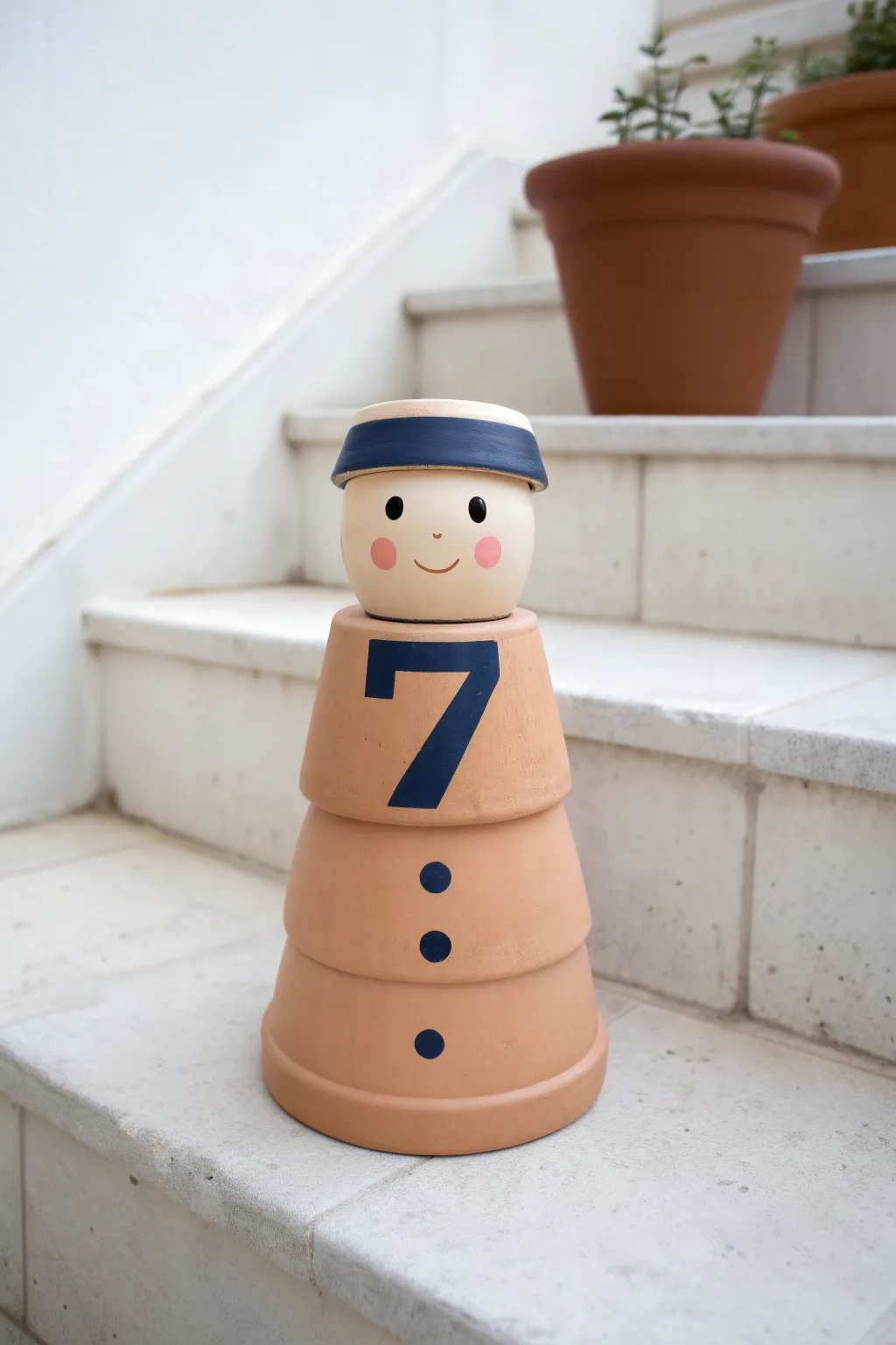 Team jersey clay pot person with bold number and matching cap, styled on minimalist steps