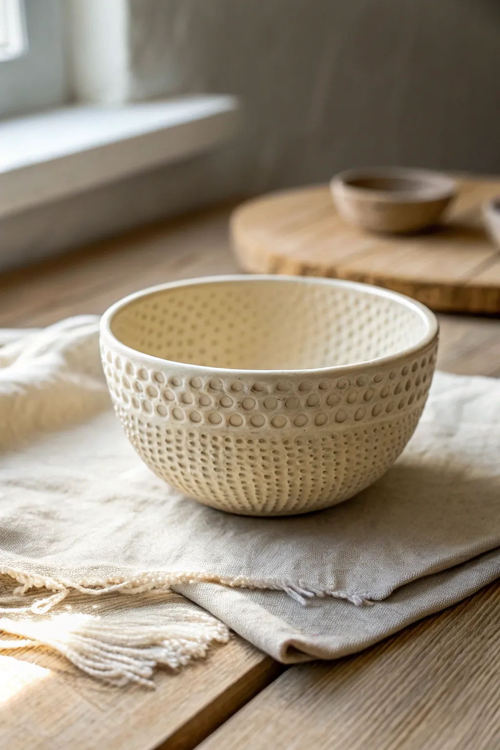Minimal stamped texture bowl in a single glaze, letting light and shadow showcase the pattern