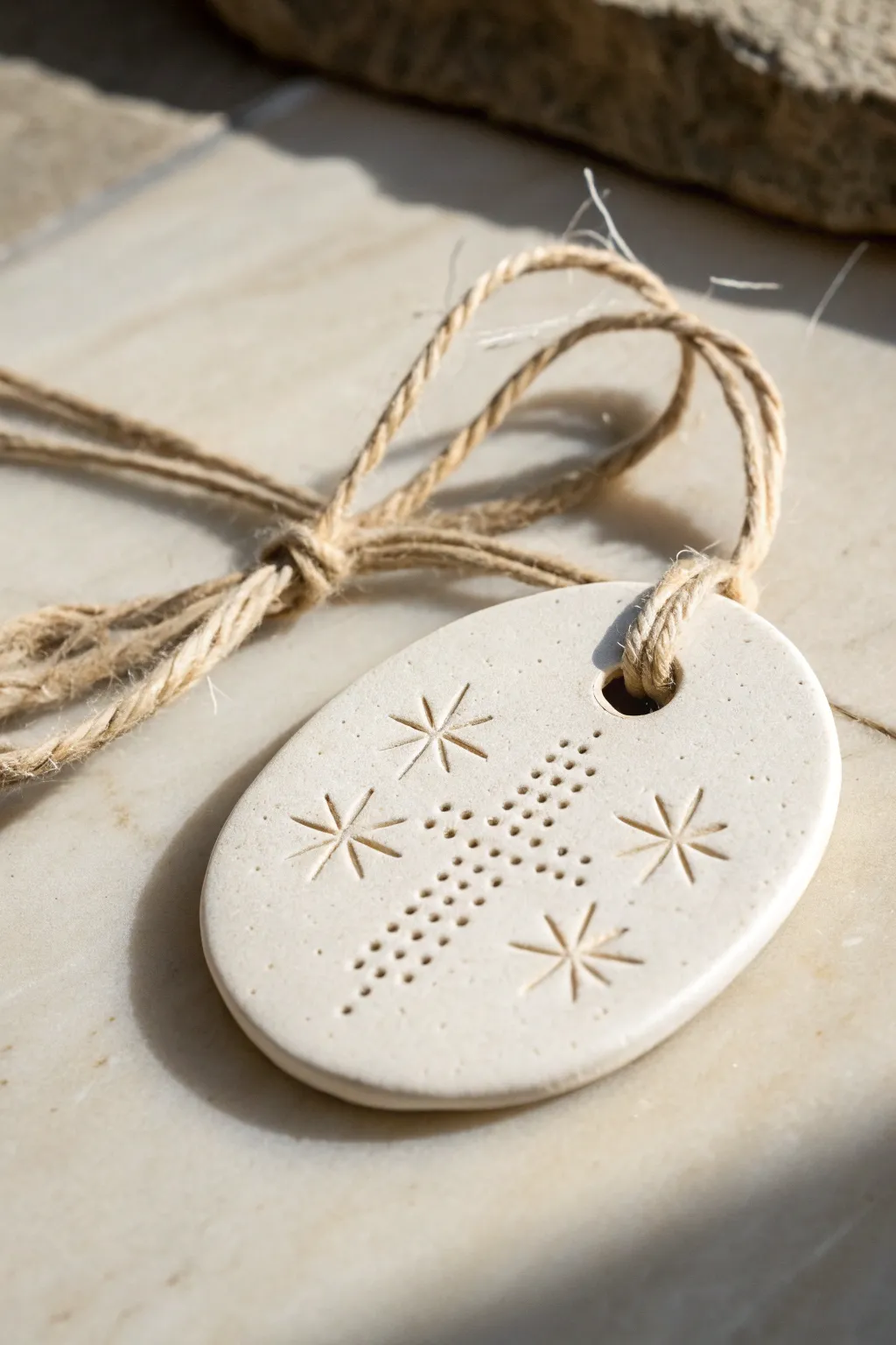 Beginner-friendly stamp-pressed clay ornament tag with twine, minimal and gift-ready.