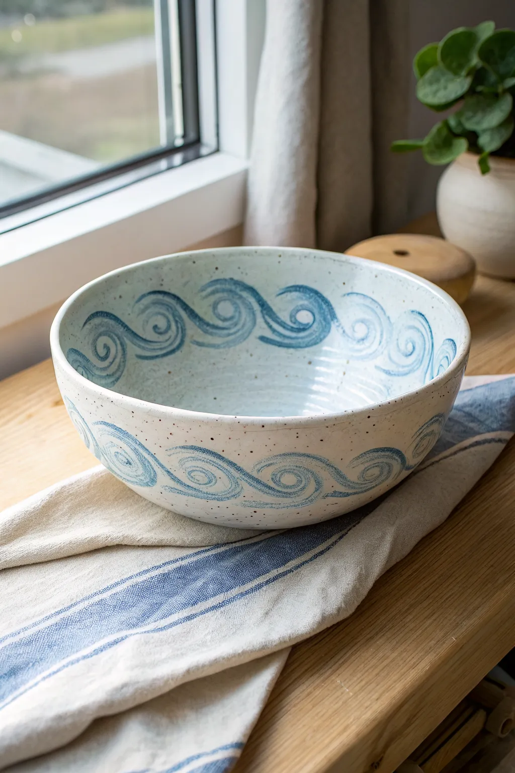 Ocean-inspired blue wave swirls on a minimalist serving bowl, calm, crisp, and handmade