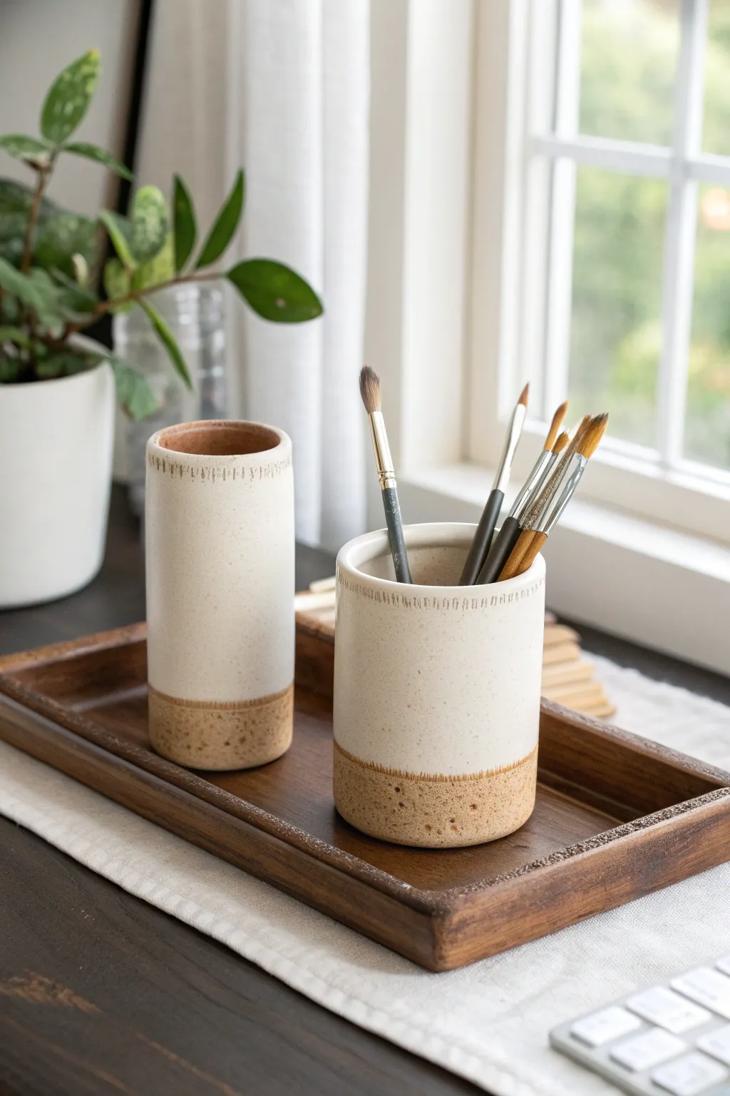 Minimal clay pencil cup set with soft texture, perfect for a calm, organized creative desk
