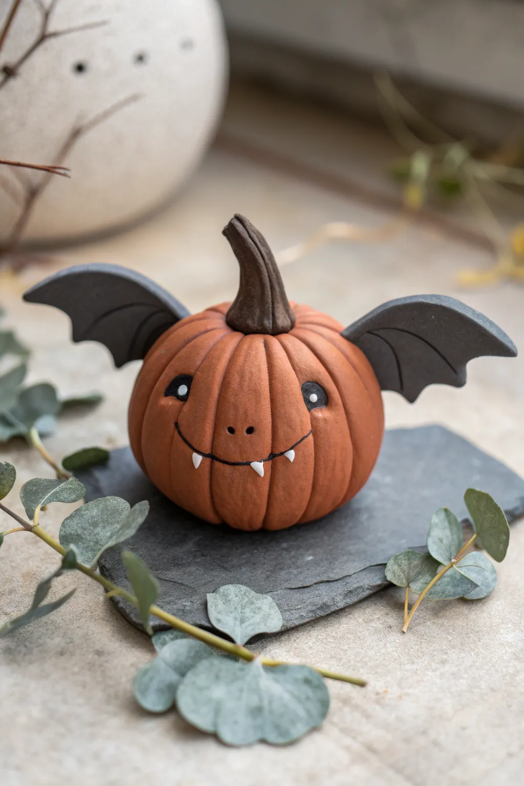 Whimsical clay bat pumpkin with tiny wings and fangs, styled in cozy minimalist fall tones