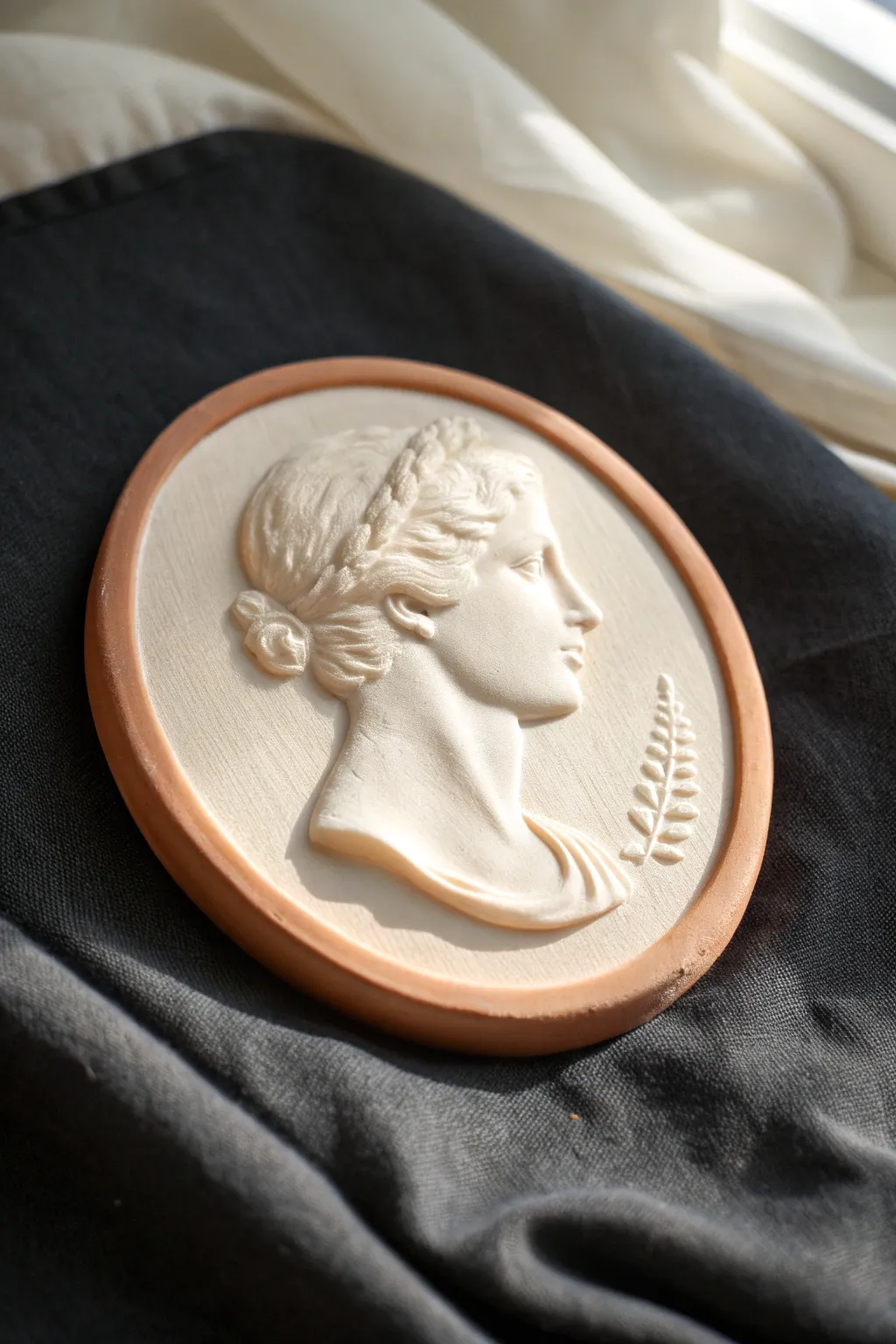 Elegant cameo-style clay relief with a simple profile silhouette, crisp edges, and soft shadows.