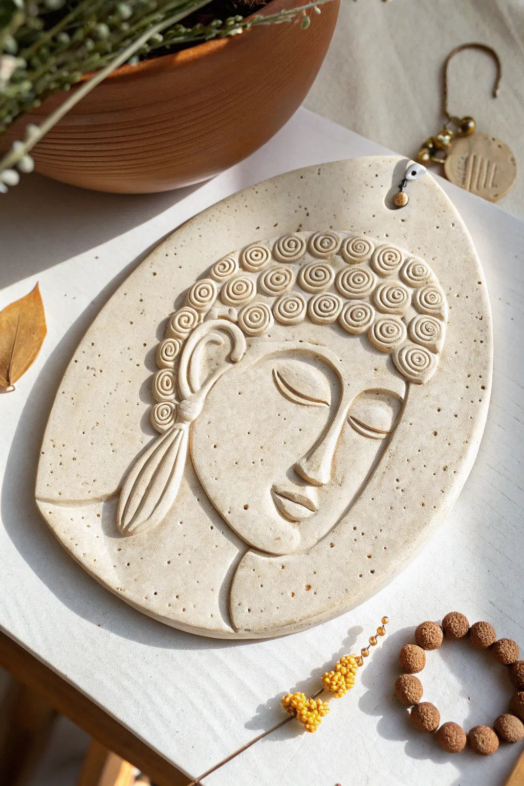 Minimal coil-hair portrait relief with bold texture and a serene, smooth background contrast