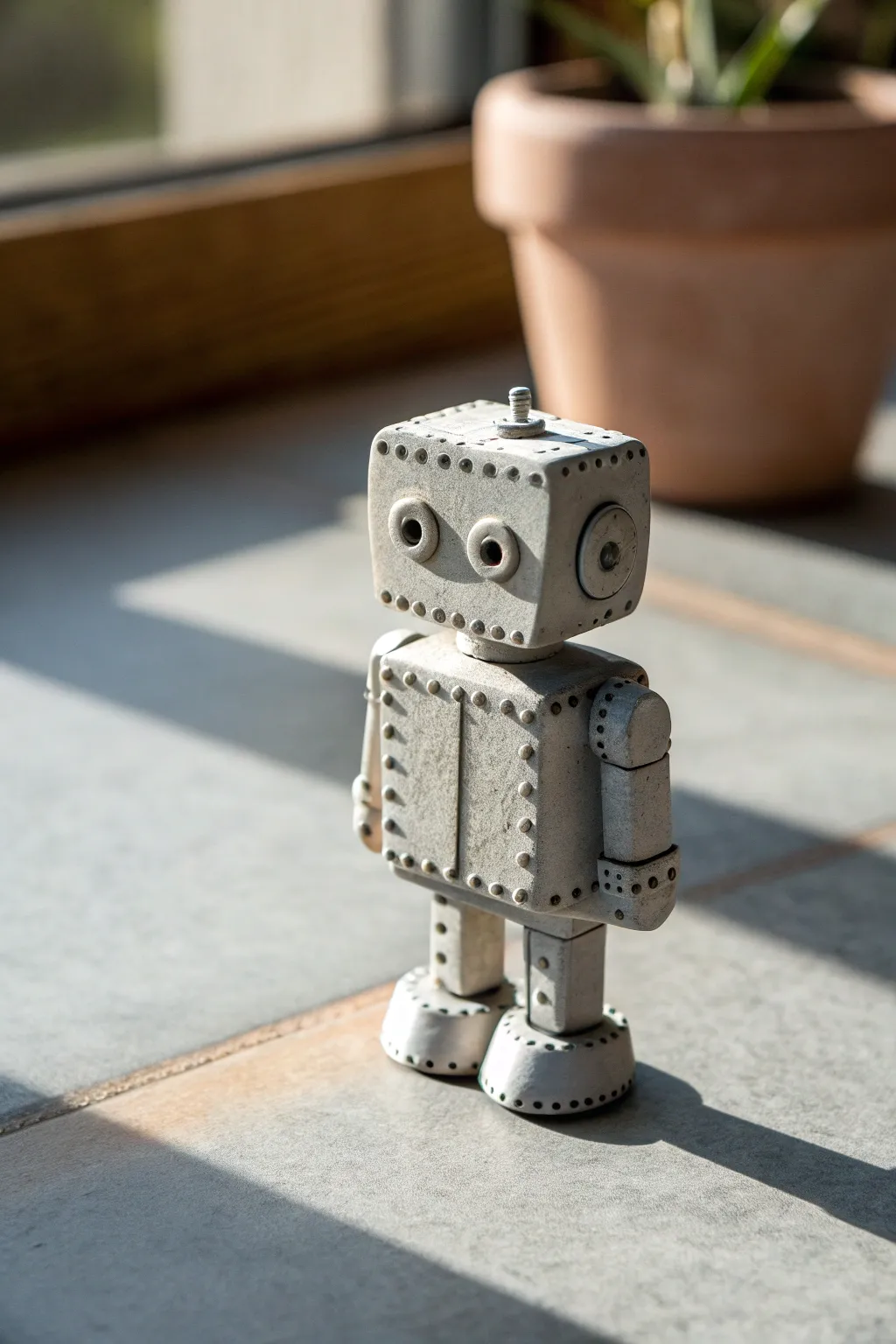 Handmade silver clay robot with rivet texture, minimalist Scandinavian style on soft gray backdrop