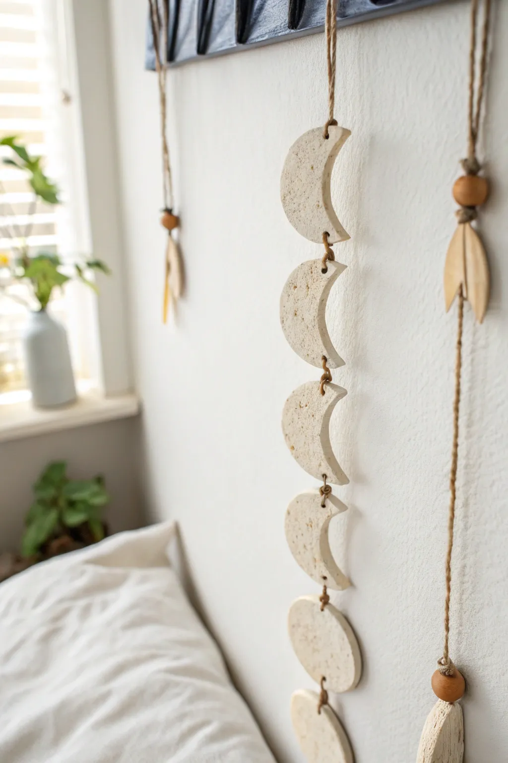 Minimal clay moon phase wall hanging for dreamy, calming room decor with a soft boho feel