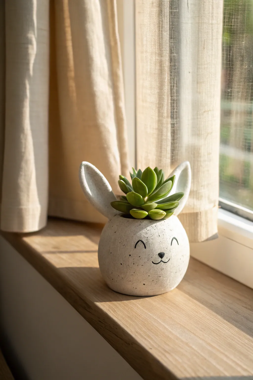 Sweet animal planter with succulent hair, sunlit and simple, a cozy clay sculpting idea.