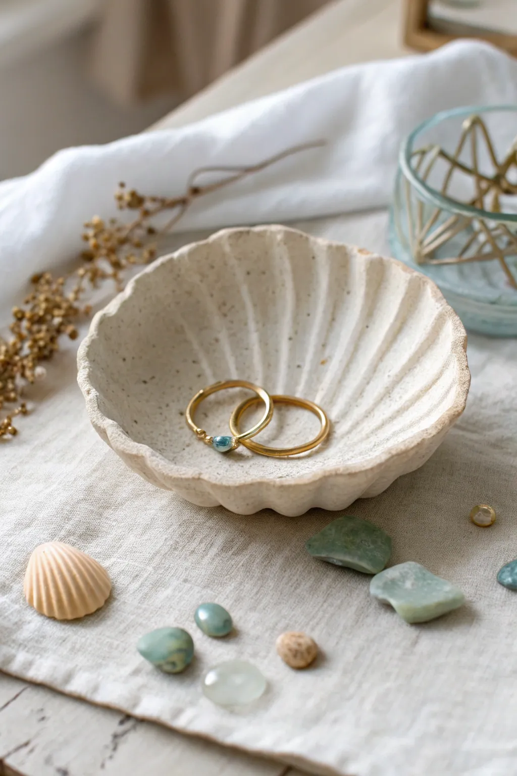 Pearly shell trinket bowl with sea-glass accents, perfect for rings and a favorite hair pin.
