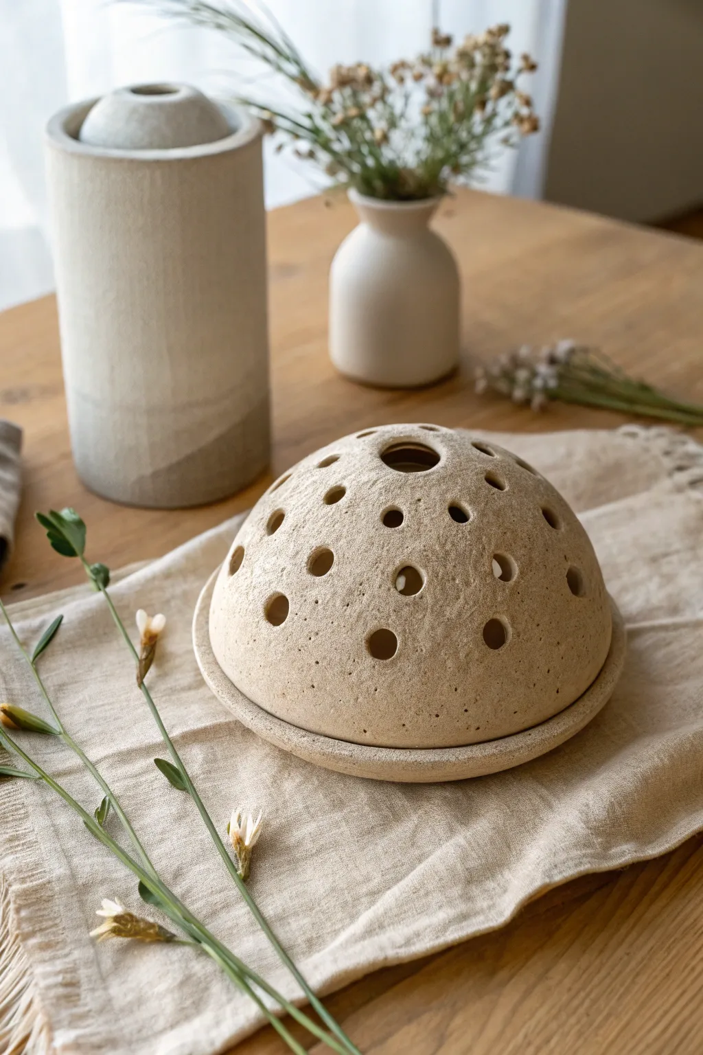 Handmade clay flower frog sculpture styled simply with a vase and a few loose stems