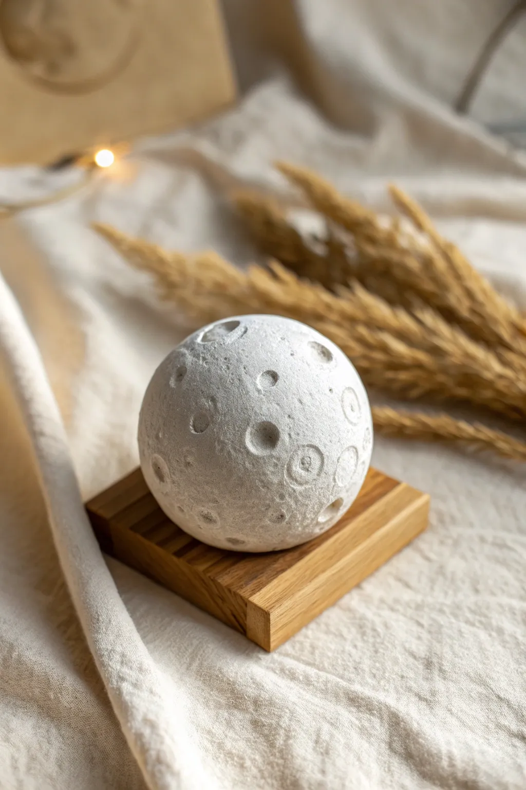 Cratered clay planet on a tiny stand, minimalist and dreamy for your next sculpture idea.