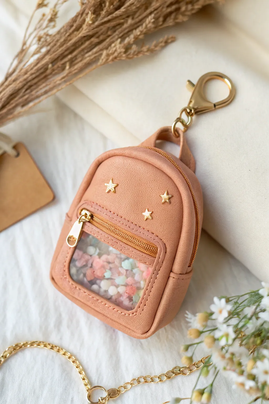 Mini backpack clay shaker charm with a clear pocket window and floating star beads inside.