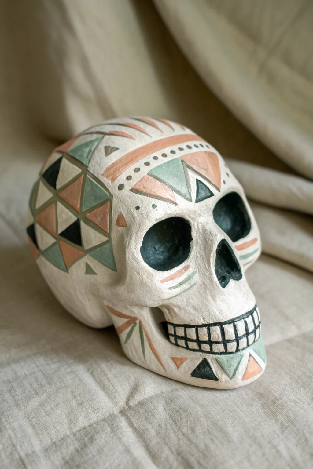 Minimal clay skull with soft geometric paint blocks for a modern Scandinavian boho look