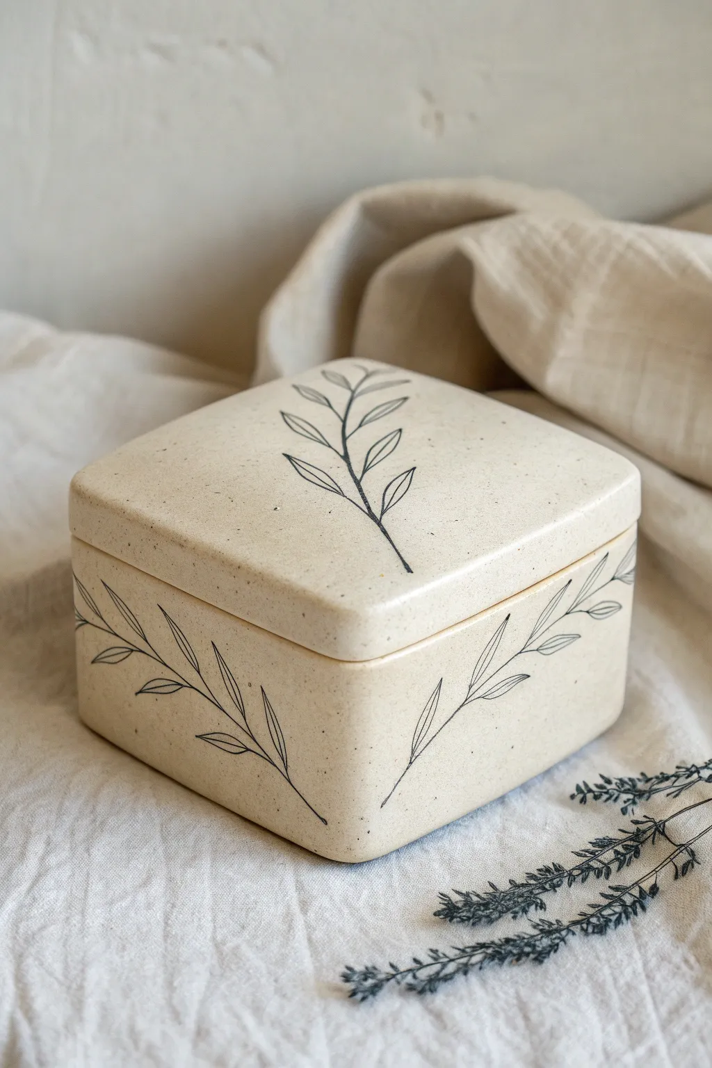 Minimal mishima inlay slab box with crisp botanical linework and soft Scandinavian light