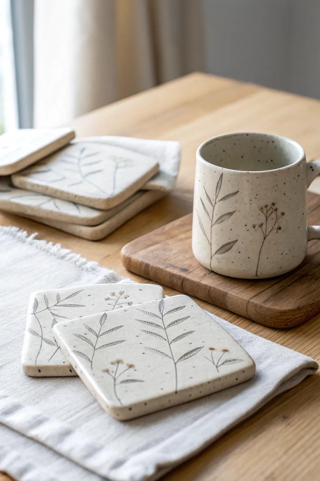 Minimal patterned slab coasters set in warm neutrals, perfect for cozy mugs and calm tablescapes