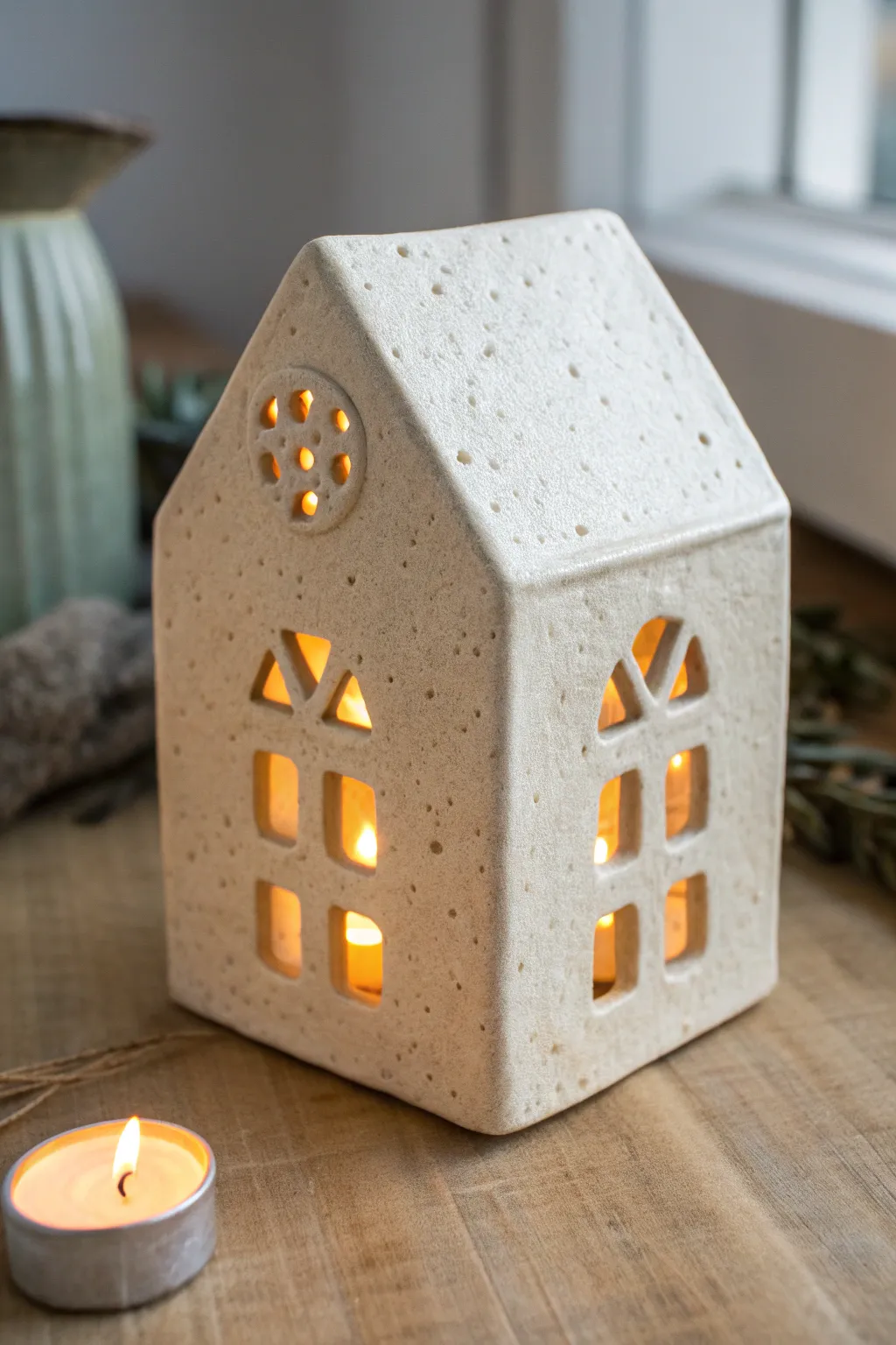 Glowing clay slab house luminary with neat cut-out windows for a cozy patterned light.