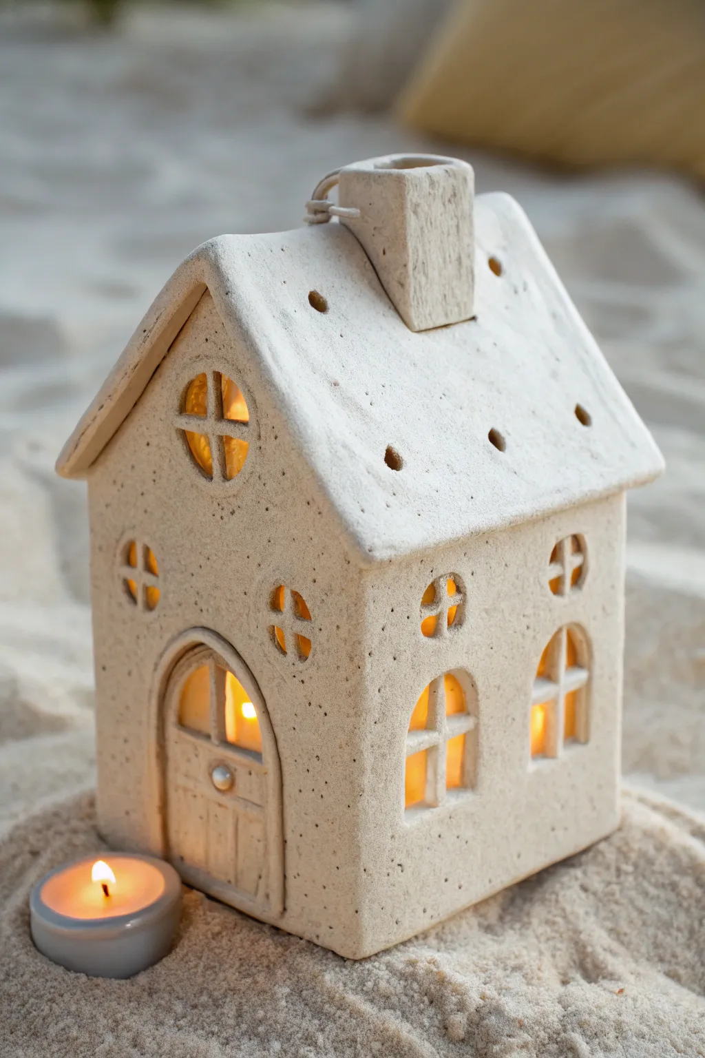 Little house slab lantern glowing softly, a cozy handmade accent with minimalist boho charm