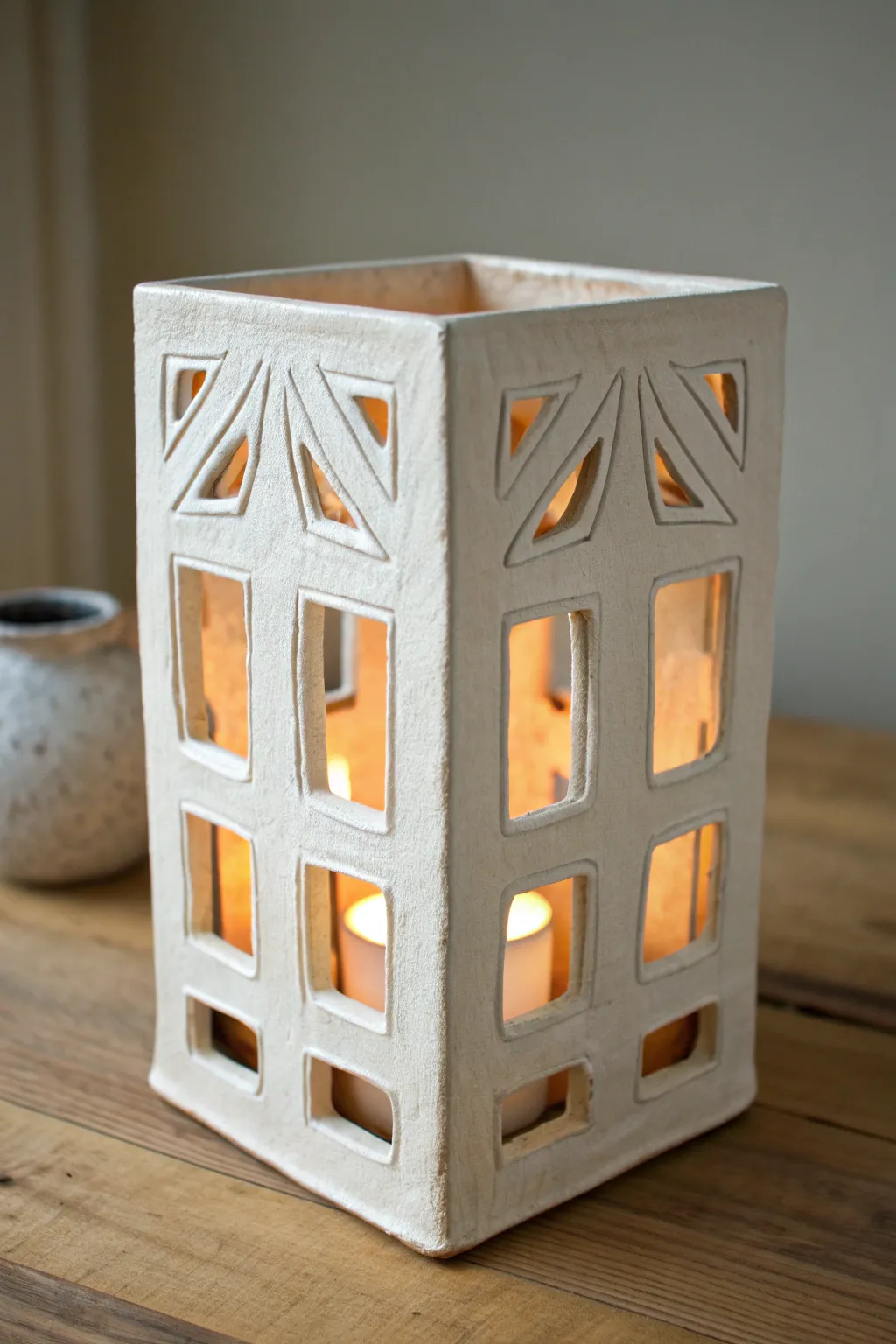 Geometric slab lantern with warm inner glow, clean cutouts, Scandinavian minimal boho vibe