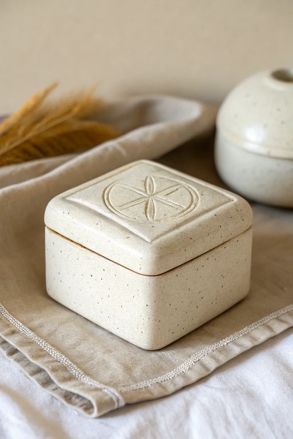 Minimal slab-built trinket box with an offset lid and subtle carved detail, calm and handmade