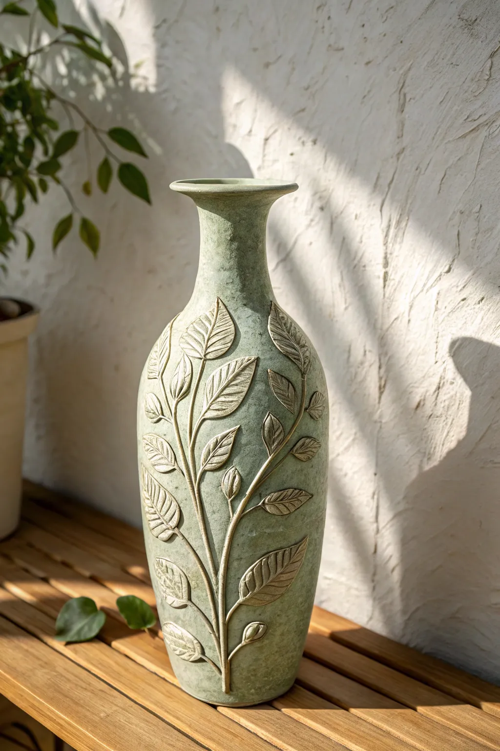 Botanical relief slab vase in calm matte glaze, minimalist handmade charm for soft Scandi decor.