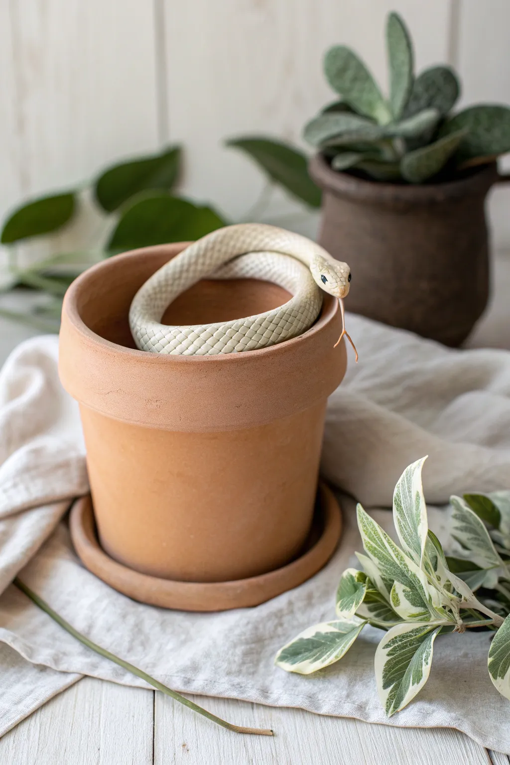 A simple clay snake wraps the planter rim for a cute, minimalist boho touch.