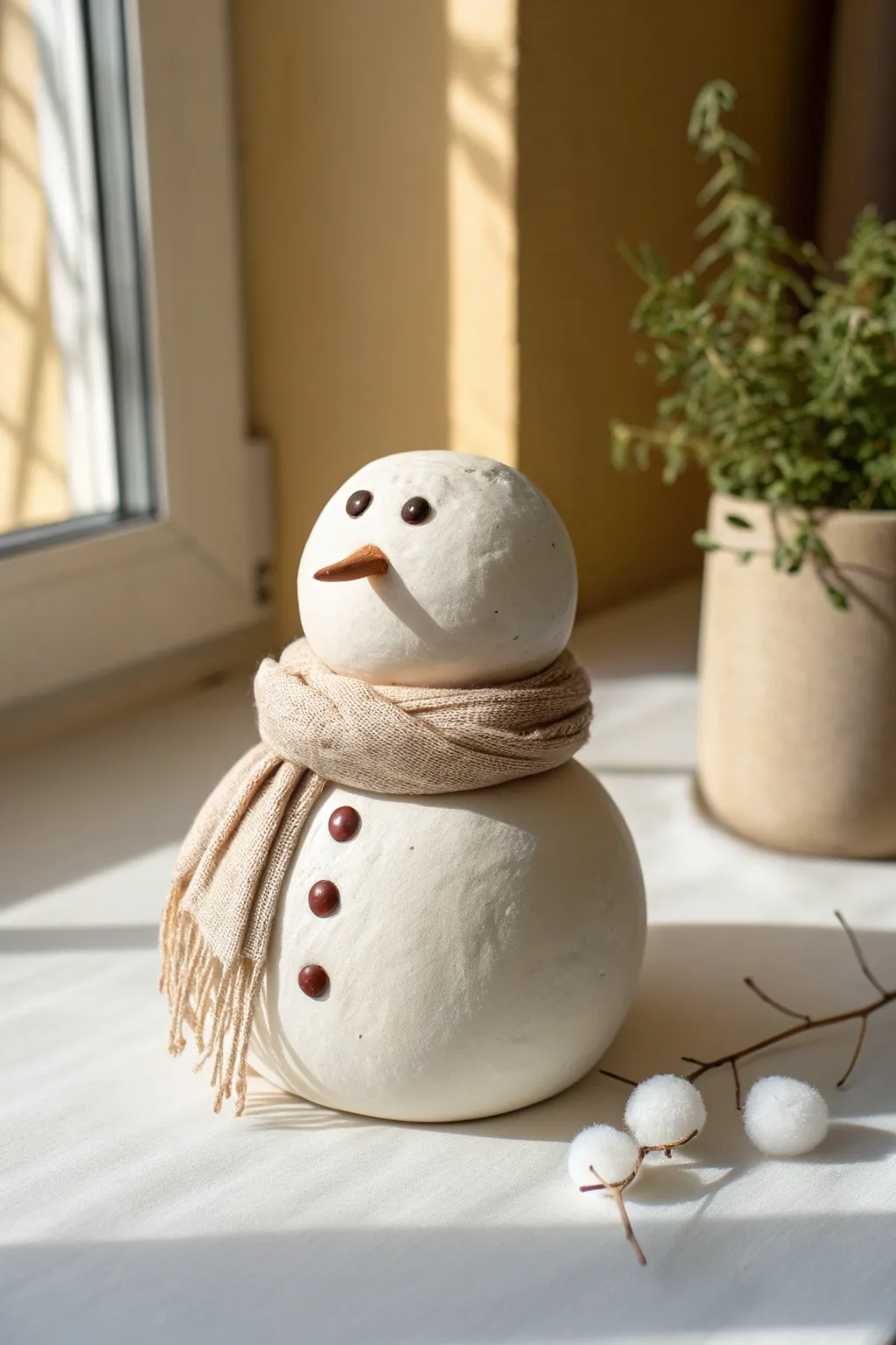 Modern neutral clay snowman with a simple scarf, clean shapes, and soft Scandinavian light